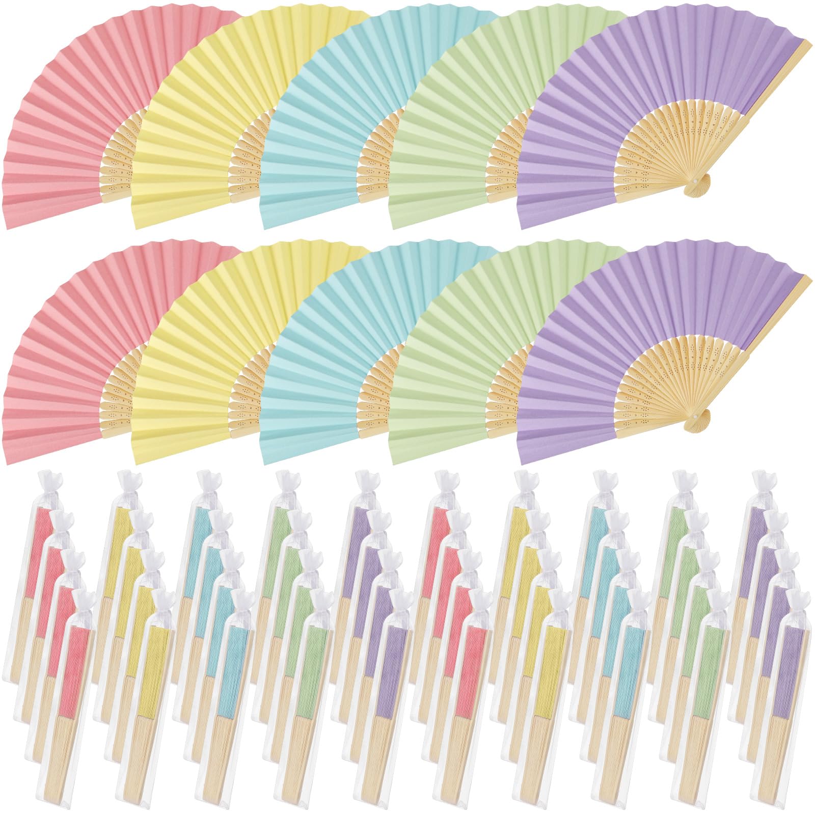 Faltbare Papierfächer für Gäste, Bambus, gefaltet, mit Geschenktüten, Vintage-Papier, Handfächer für Kirche, Hochzeit, Geschenk, Brautparty, Dekorationen, Pastellfarben, 100 Stück