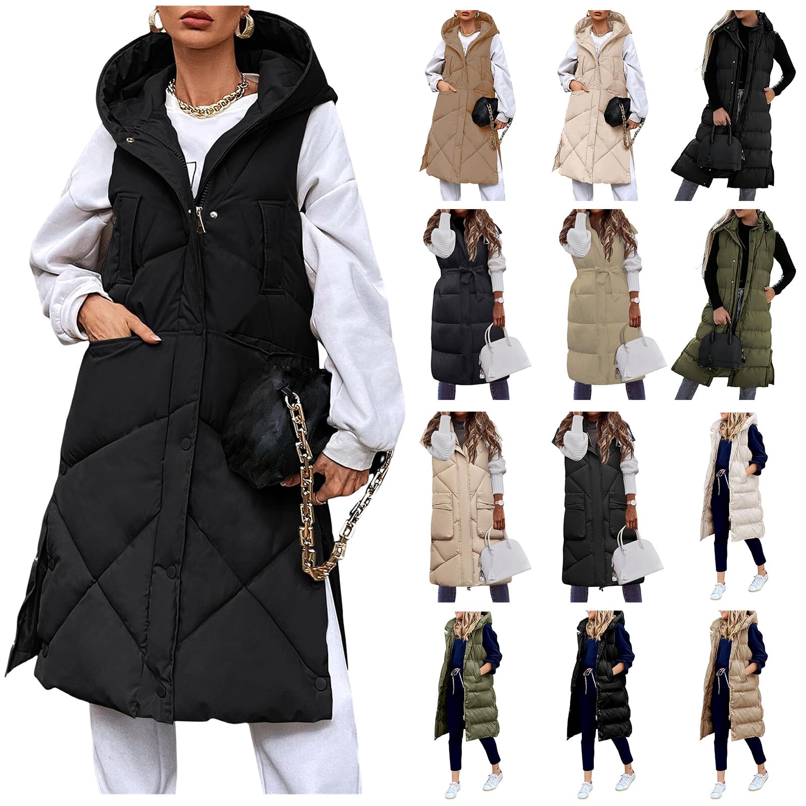uSeceeWomens Long Gilets Uk Quilted Gilet Jacket Ladies Longline Sleeveless Thick Hooded Side Zip Down Lightweight Long Coat Bodywarmer Outdoor 2023 New Padded Winter Wear Bodywarmer with Pocket Sale