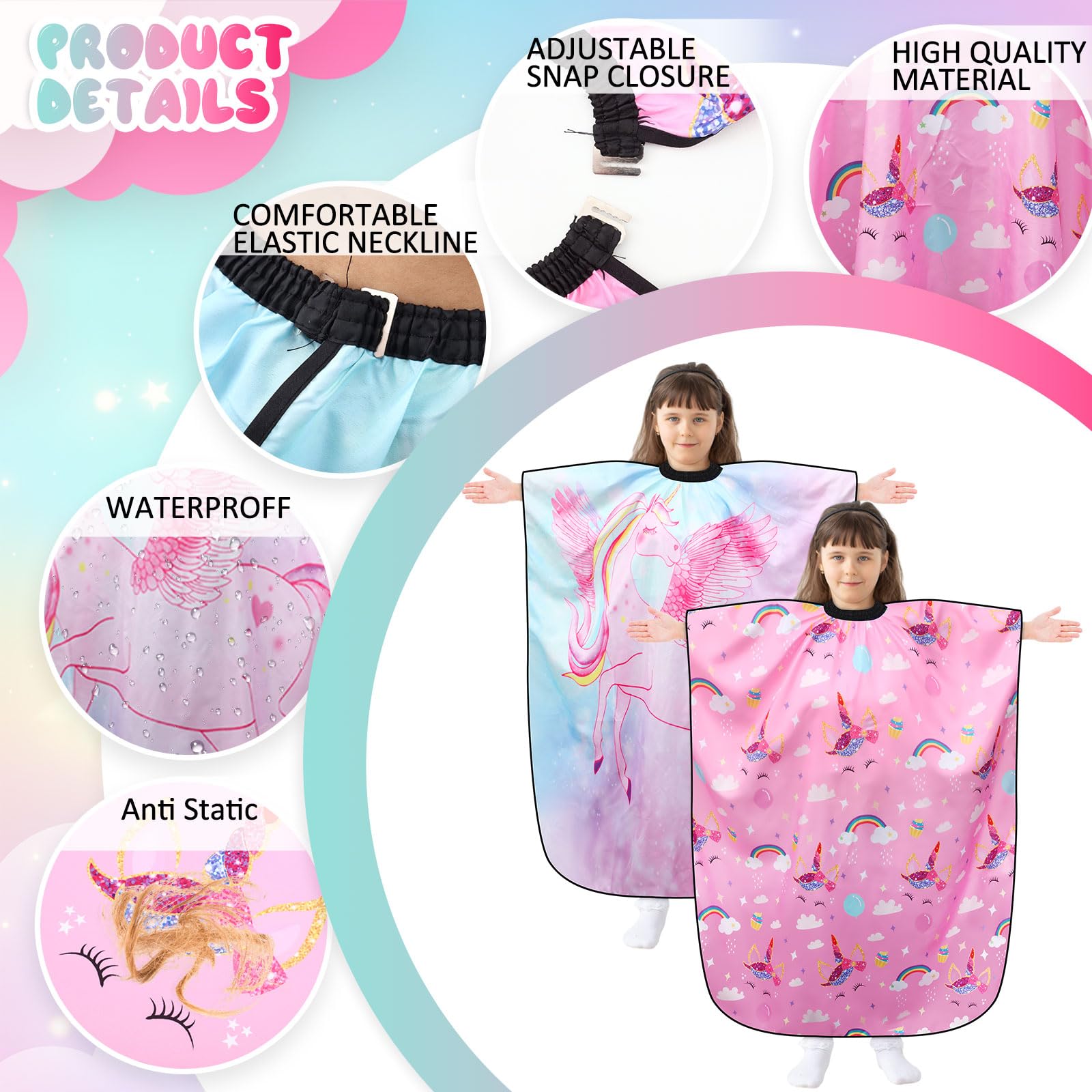 2 piezas de unicornio peluquero capa profesional salón corte pelo tinte corte pelo delantal capa con cierre cubierta de corte para niños, Varios colores, Talla única 3