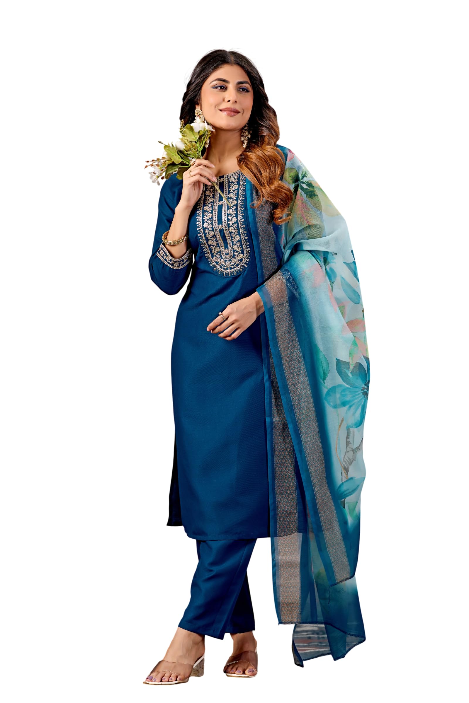 bovkari Women's Slub Rayon Embroidery Kurta Pant with Floral Print Dupatta Kurta Set For Women-picture-10