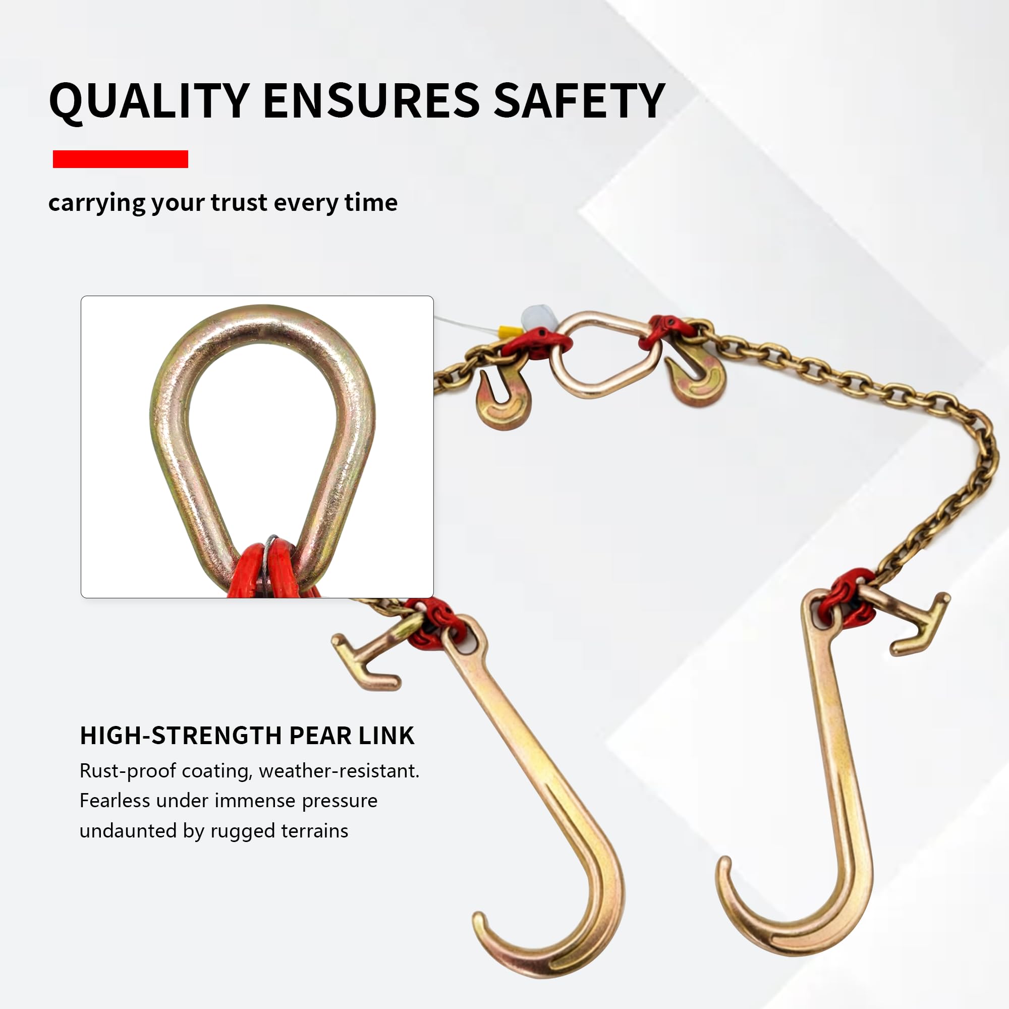 Wytrzymały łańcuch holowniczy V-Bridle, 1 cm x 0,6 m, potrójny hak z hakiem J 38 cm, bezpieczne obciążenie robocze 3538 kg do regeneracji ciężarówek i transportu sprzętu