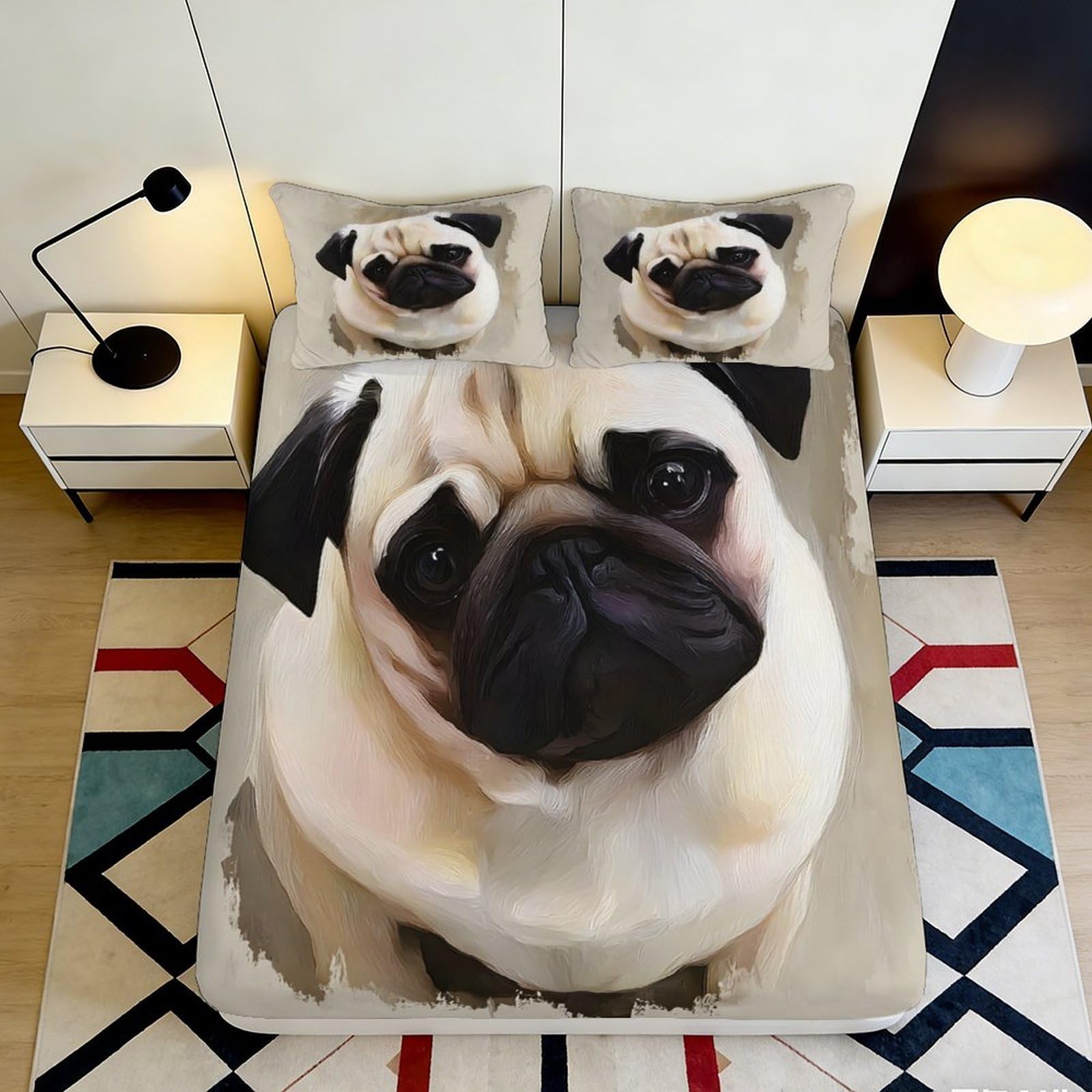 3D Printed Pug Cartoon Fitted Sheet Microfiber Soft Bedroom Decor Realistic Dog Mattress Cover for Home Guest Room 90x200x25cm