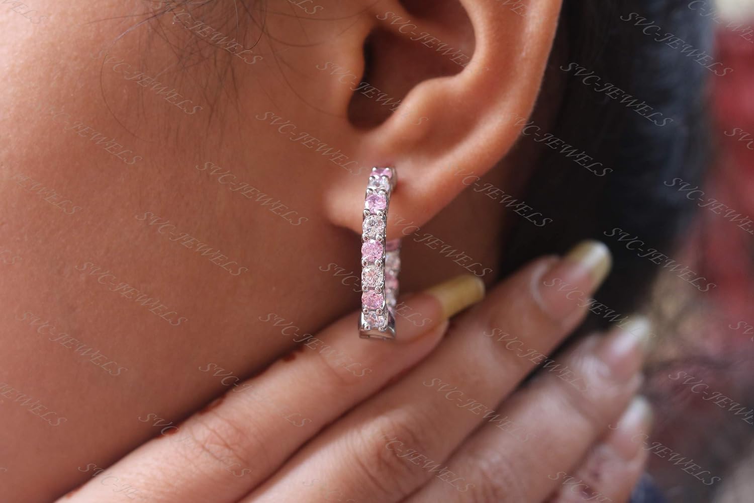 Round Cut White CZ Diamond & Pink Sapphire 14K Gold Over .925 Sterling Silver Round Inside-Out Shared Prong Hoop Earrings For Womens.