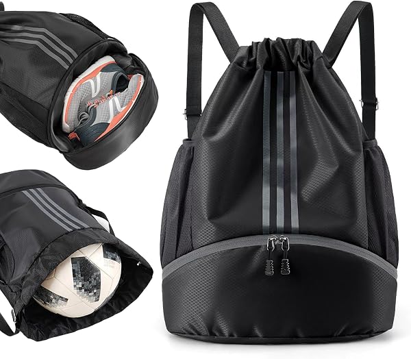 YOUNGSAY Sac de Sport Cordon Noir, Étanche Sac a Dos Cordon pour Le Sport, Grande Sac de Sport a Cordon avec Compartiment Chaussures pour Sport, Aptitude, Voyages, Yoga et Natation - 1