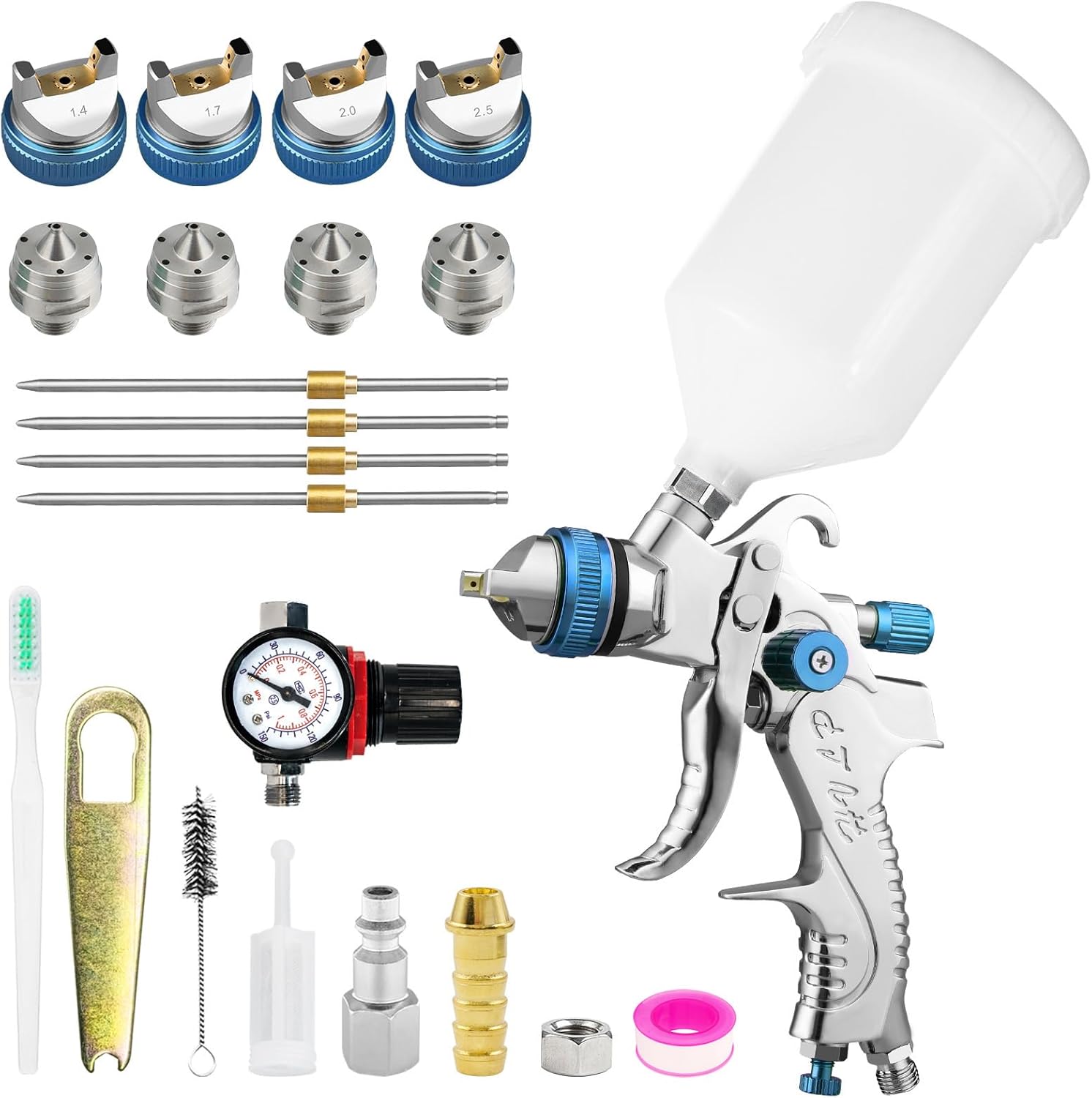 HVLP Spray Gun Kit with 1.4/1.7/2.0/2.5mm Nozzles, Professional Car Paint Spray Gun Wall Repair Furniture Refinishing Painting Gun, Gravity Feed Paint Sprayer Gun (Blue)