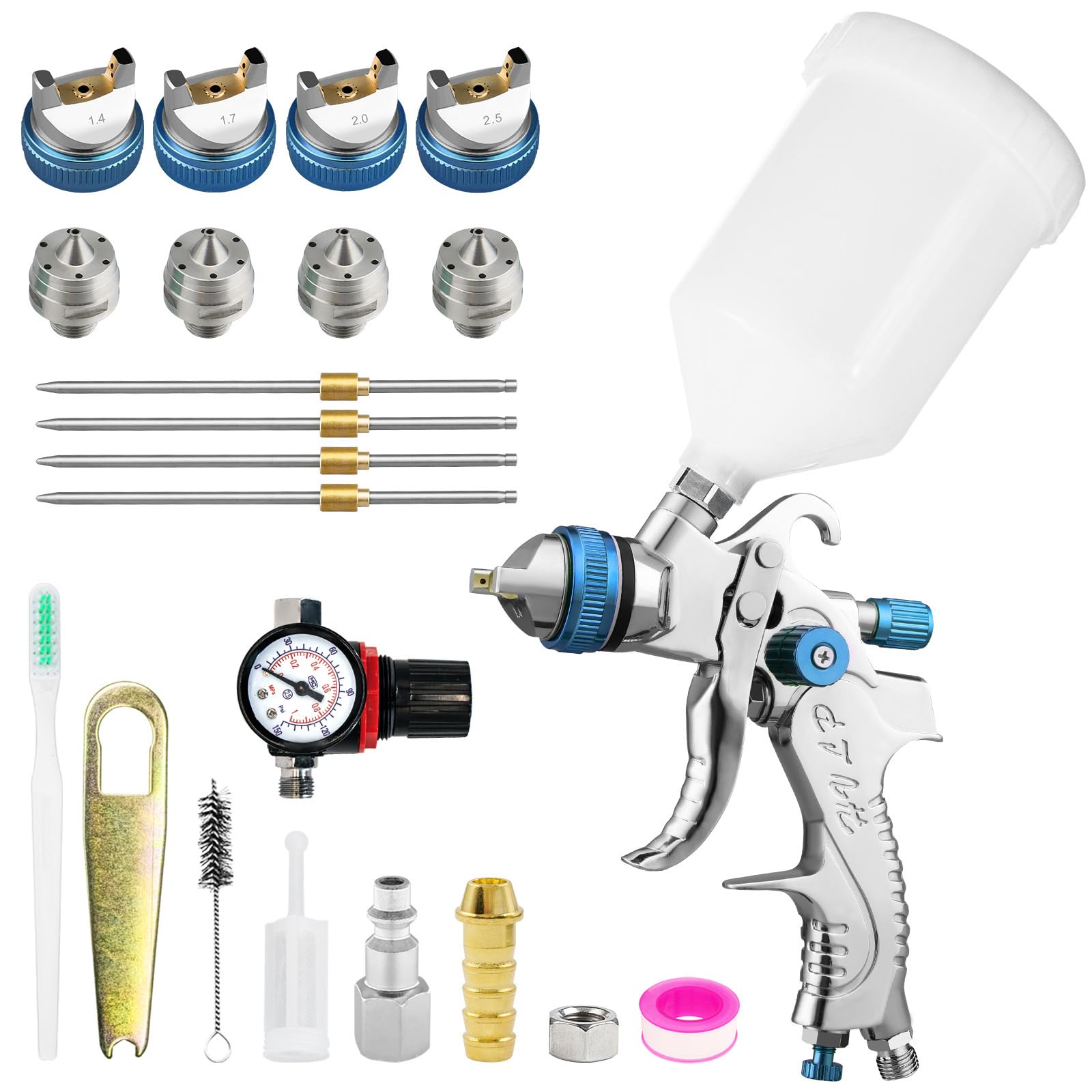 HVLP Spray Gun Kit with 1.4/1.7/2.0/2.5mm Nozzles, Professional
