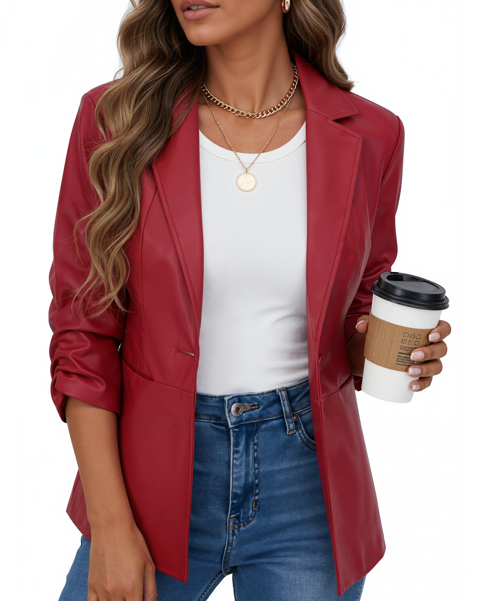 Women Leather Jacket Faux Slim Fit Ruched 3 4 Sleeve Blazers for Casual Business Interview Semi Formal Work