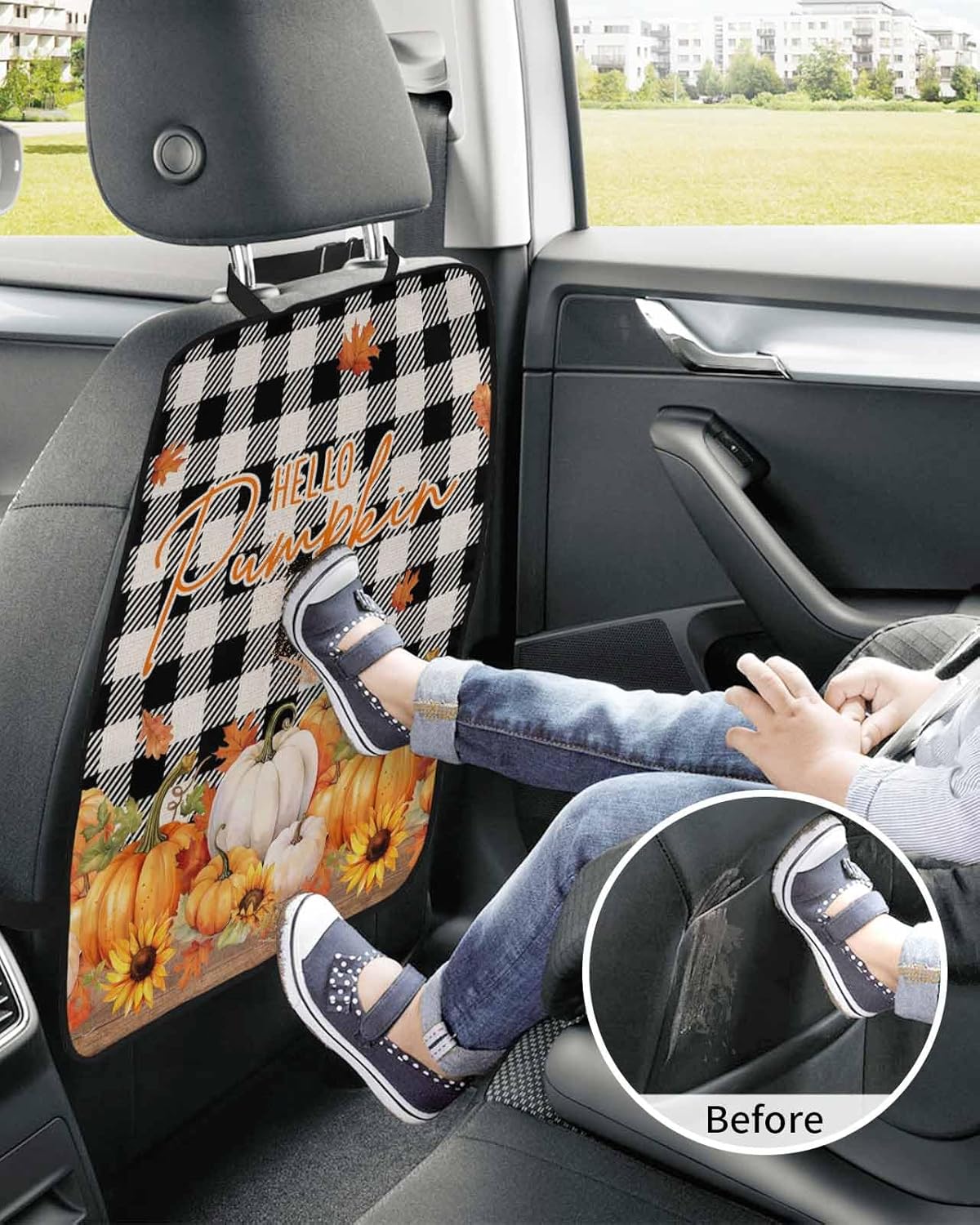 Car Seat Protector, 2 Pack Kick Mats Back Seat Protector Fall Thanksgiving Pumpkin Sunflower Maple Leaves Black White Plaid Waterproof Backseat Cover for Universal Fit Automotive Interior Protectors
