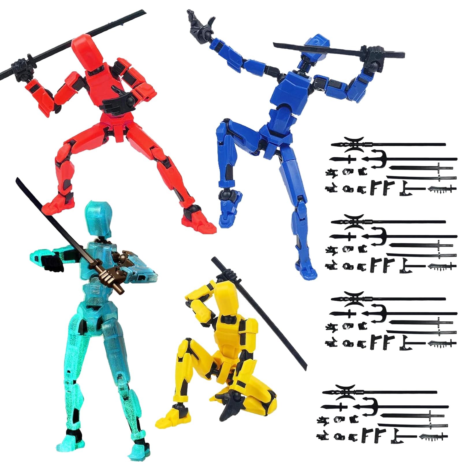 DXPETA Action Figure Set, Model with Articulated Joints, Desktop Display and Animation Creation, 4 Pack with Multiple Weapons and Hand Types in Yellow Black Blue Red Glow Colours
