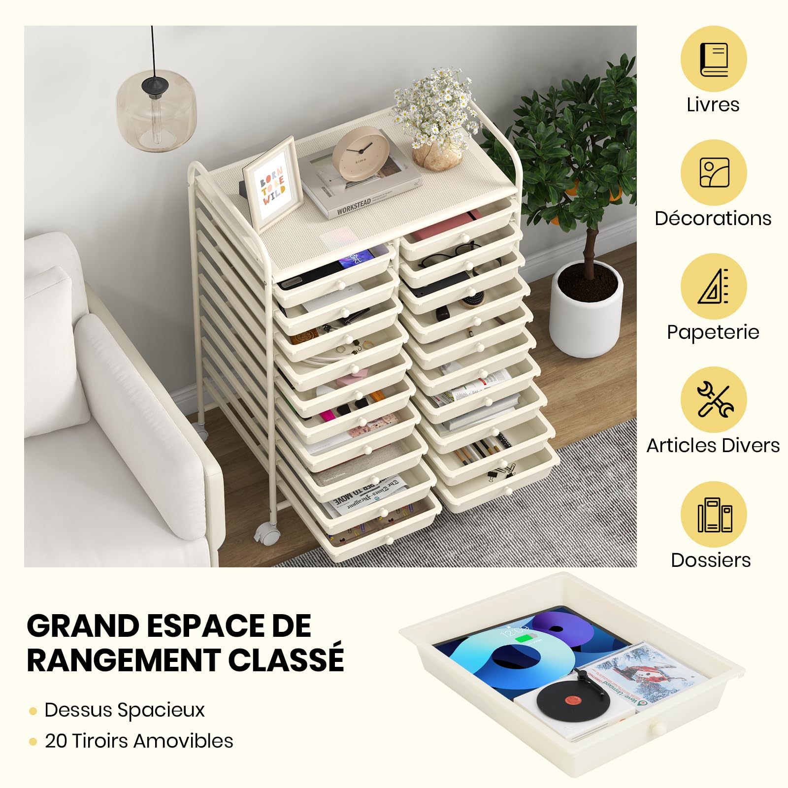 GOPLUS Desserte à Roulettes avec 20 Tiroirs Amovibles en Plastique, 63 x 38 x 89 CM, Chariot de Rangement à Roulettes Verrouillable, Cadre en Acier, Poignée Latéral, pour Chambre, Bureau (Blanc)
