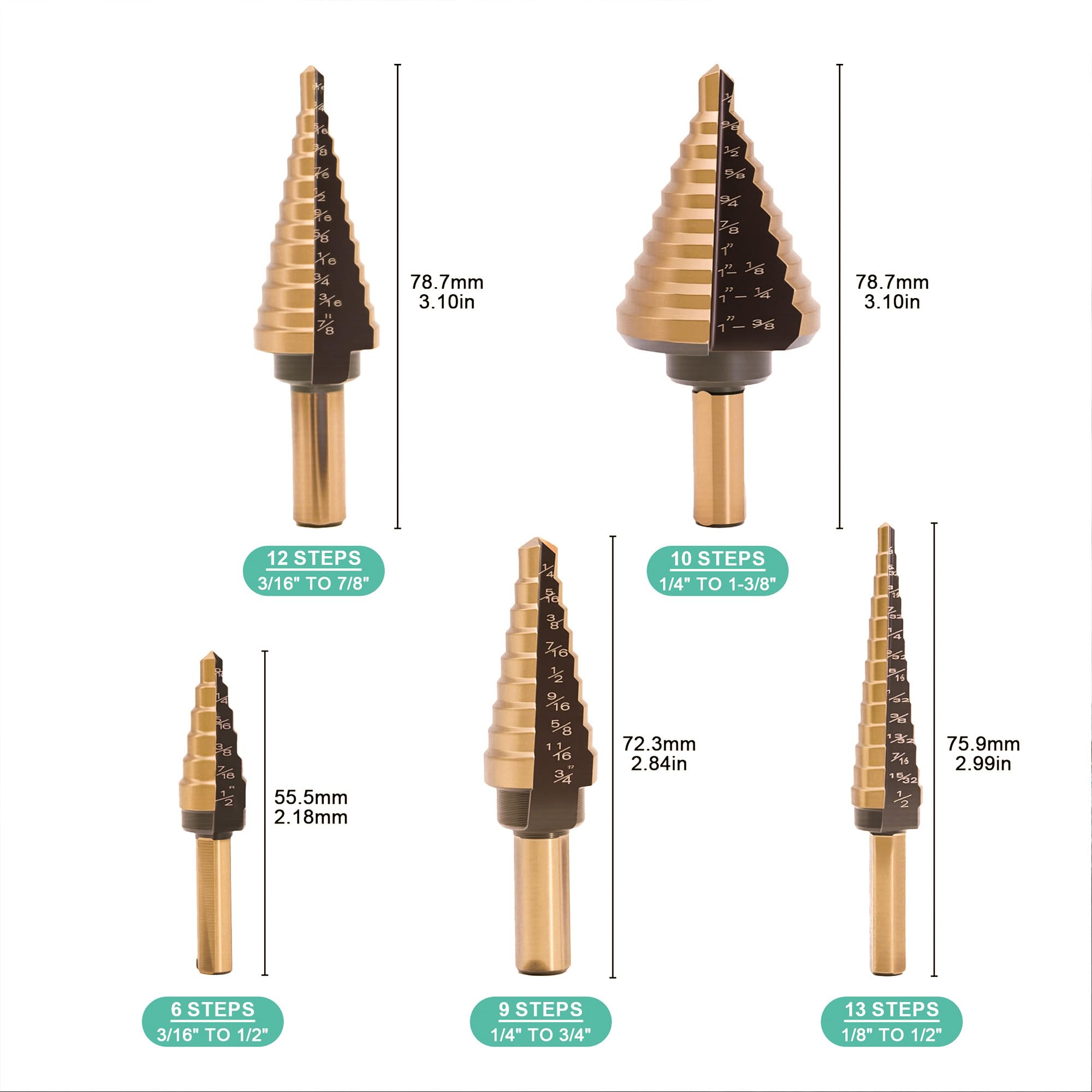 OSTTE Step Drill Bit Set, High Speed Steel Titanium Coated Metal Drill bit for Plastic Aluminum Iron Stainless Steel Wood