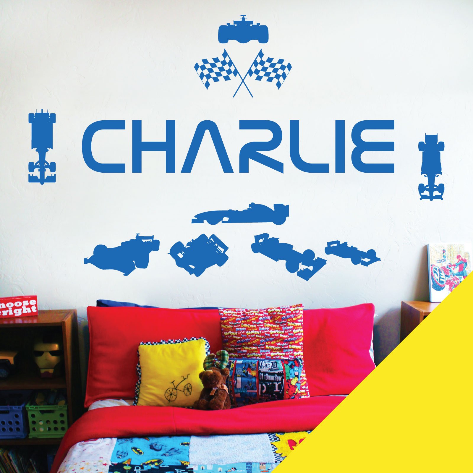 Personalised Name Children Wall Art Sticker - Racing Driver Formula 1 Cars Sport [Medium] [Lemon]