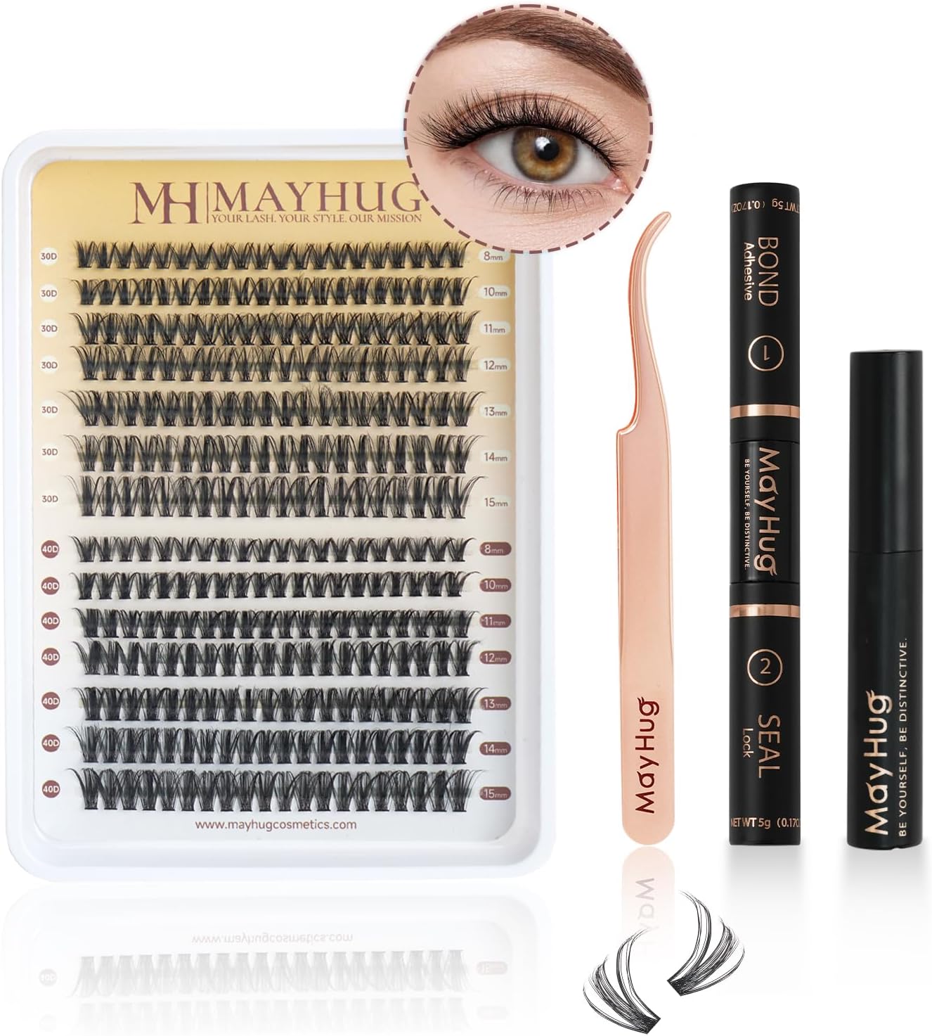 MayhugDIY Lash Extensions Kit Individual Lashes Kit Lashes Wispy Natural 280pcs DIY Lash Extension Kit Wispy Lashes D Curl 8-15Mix Lash Clusters with Bond Seal Remover Tweezers(30D+40D Kit-4Pack)