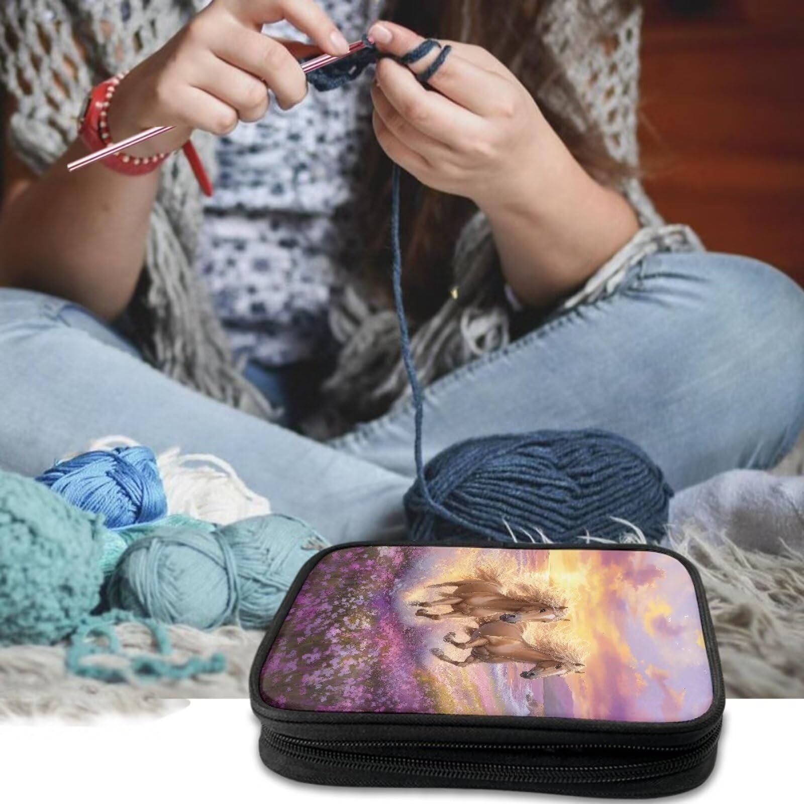 Qehuruxo Horse Crochet Hook Organizer Double Layer Design with Zipper Closure and Mesh Pockets, Polyester Material for Easy Storage and Portability