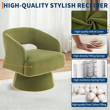 Modern Swivel Accent Chair, Velvet Upholstered Round Armchair with Striped Backrest & Plush Cushioning, Comfortable Lounge Chair for Living Room or Bedroom, Green