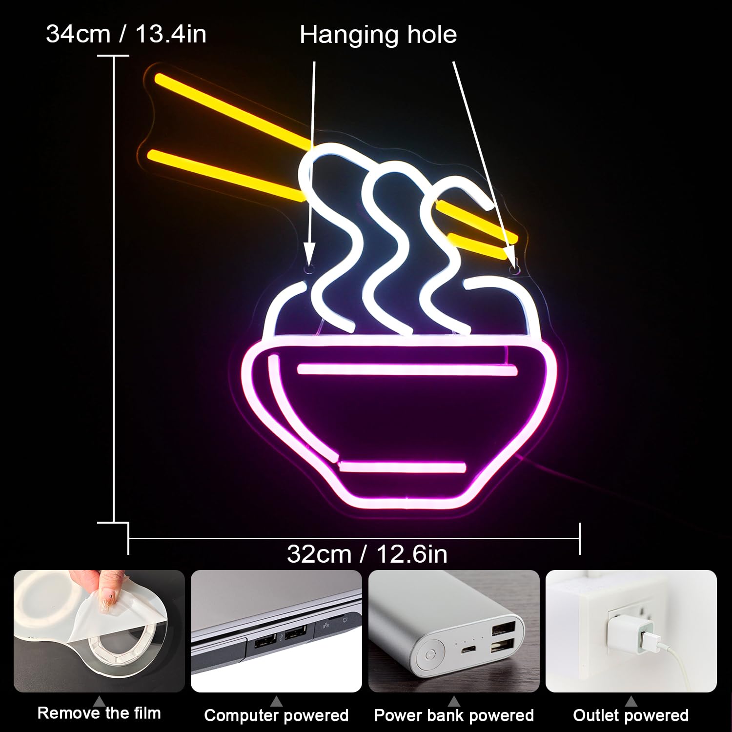 Horseneon Ramen neonowy szyld, różowy kreskówkowy makaron LED, neonowy szyld makaron świecący reklamowy na ścianę, kolorowe neonowe światło do makaronu, restauracji, pubu, domu, klubu, tabliczki