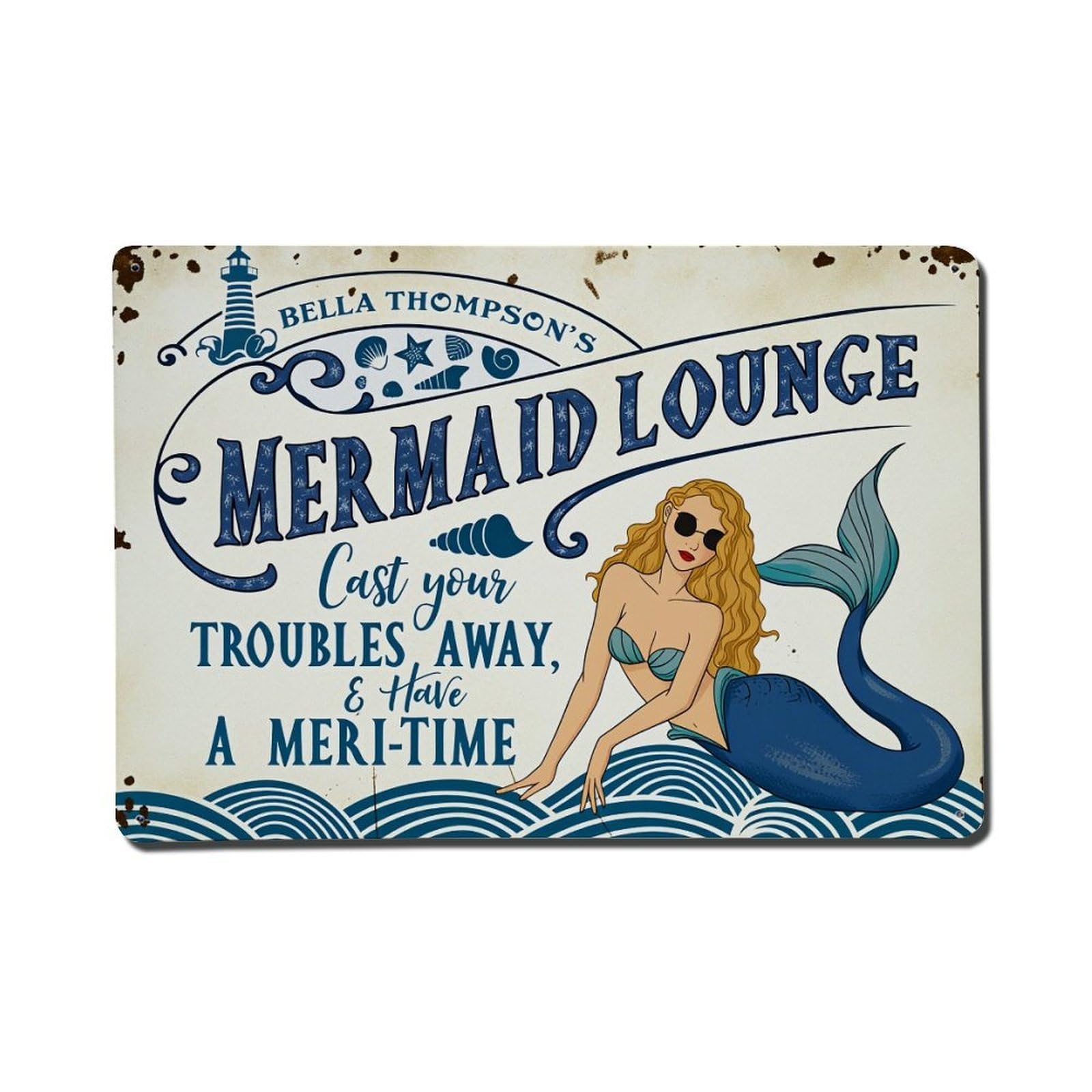Mermaid Lounge Sign With Waves And Lighthouse Tin Sign Vintage Metal Poster, Home Bar Garage Man Cave Cafe Indoor & Outdoor Wall Decoration 8x12Inches