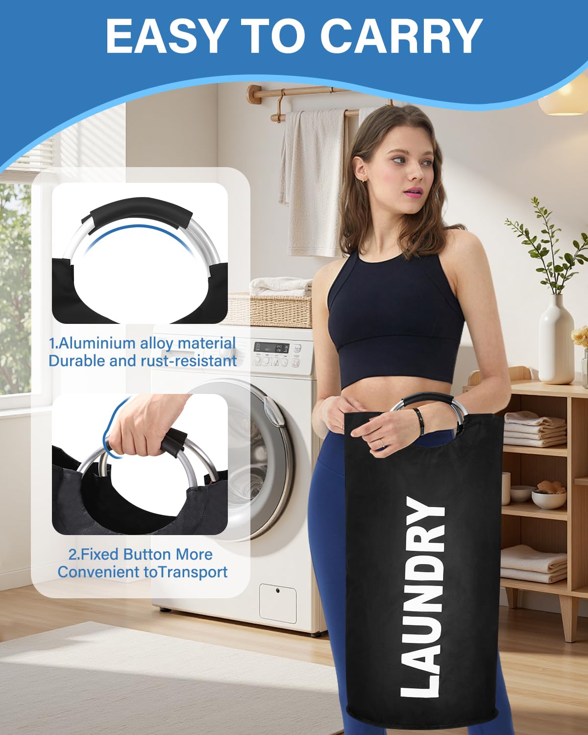 Cestos Ropa Sucia 90 L, Cesto Colada de Lavandería con Mango,Juego de 2 Cesto de lavandería plegable,Cubo de lavandería de Tela Oxford, Cesto de ropa sucia para Ropa, Mantas, Sábanas（ferroso）
