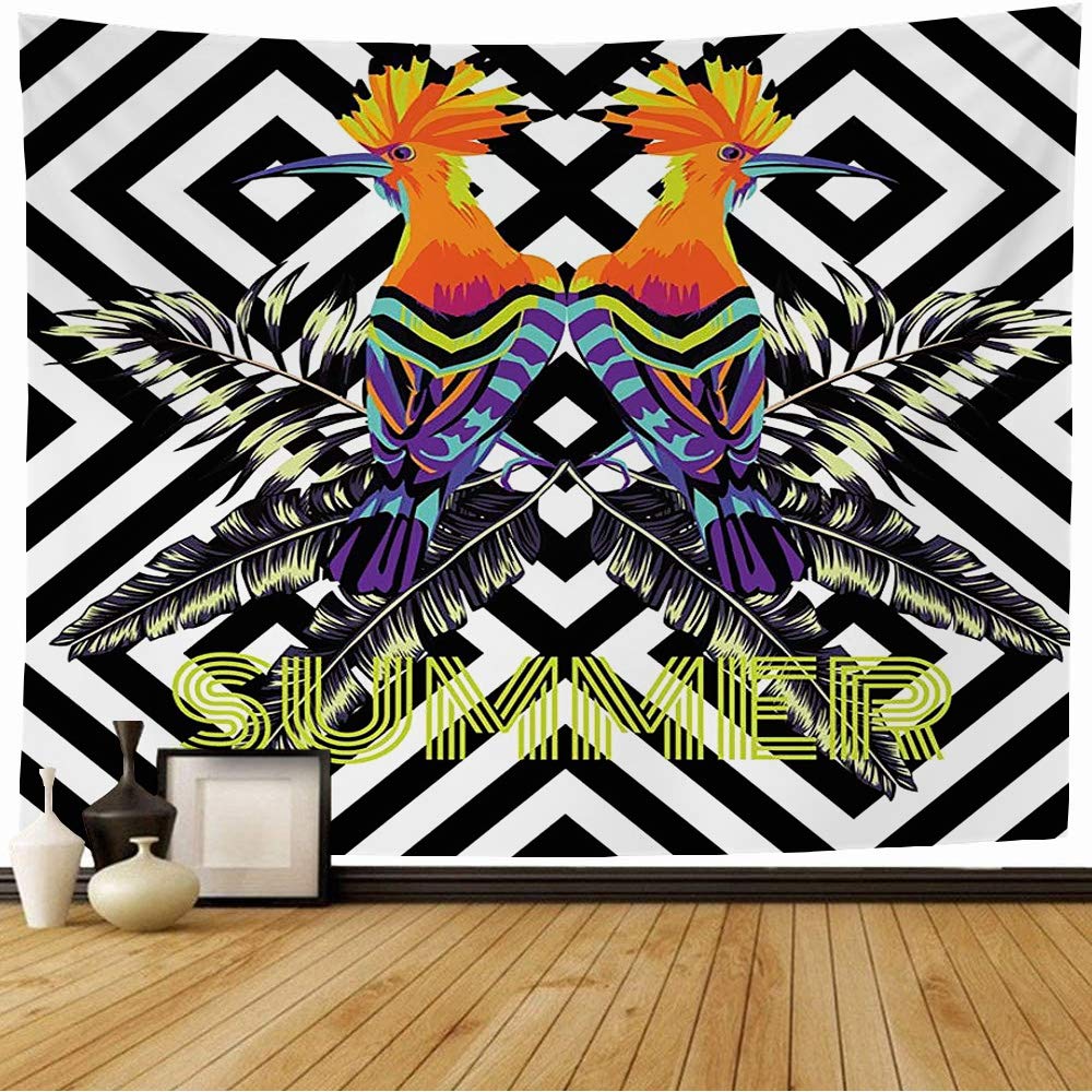 Ayoirisin Wall Tapestry Text Prin Exotic Typography Jungle Tropic Floral Plant Style Bird Hoopoe Leaf Tropical Lettering Tapestry Wall Hanging Home Decor for Dorm (60x60 Inches)