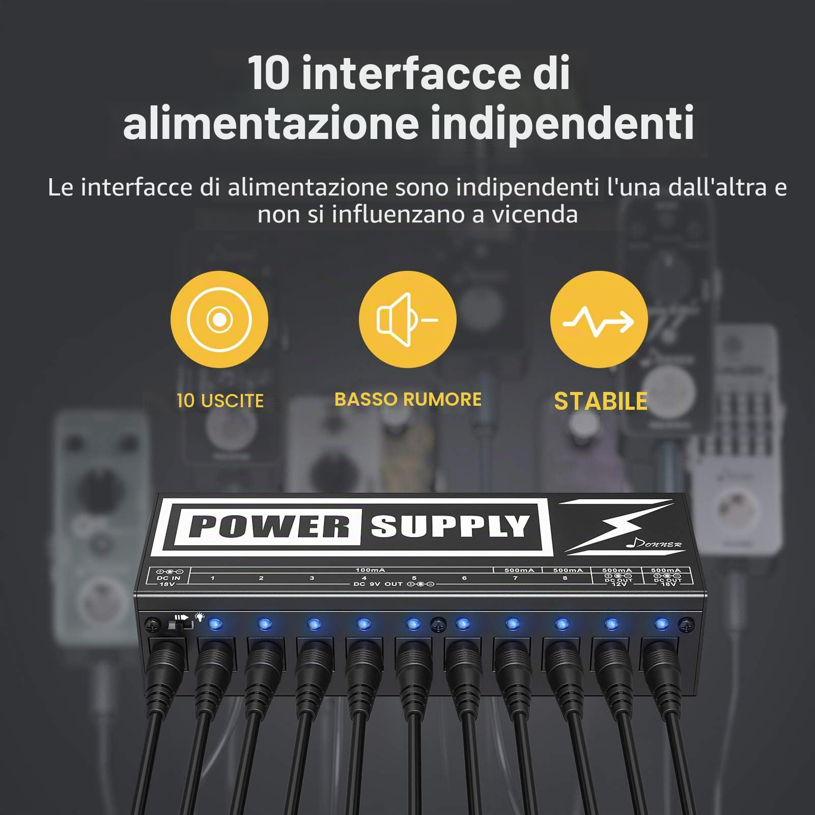 Donner Alimentatore per Effetti a Pedale della Chitarra Elettrica multi-output isolati con Adattatore e Cavi di Alimentazione, Versione Aggiornata DP-2