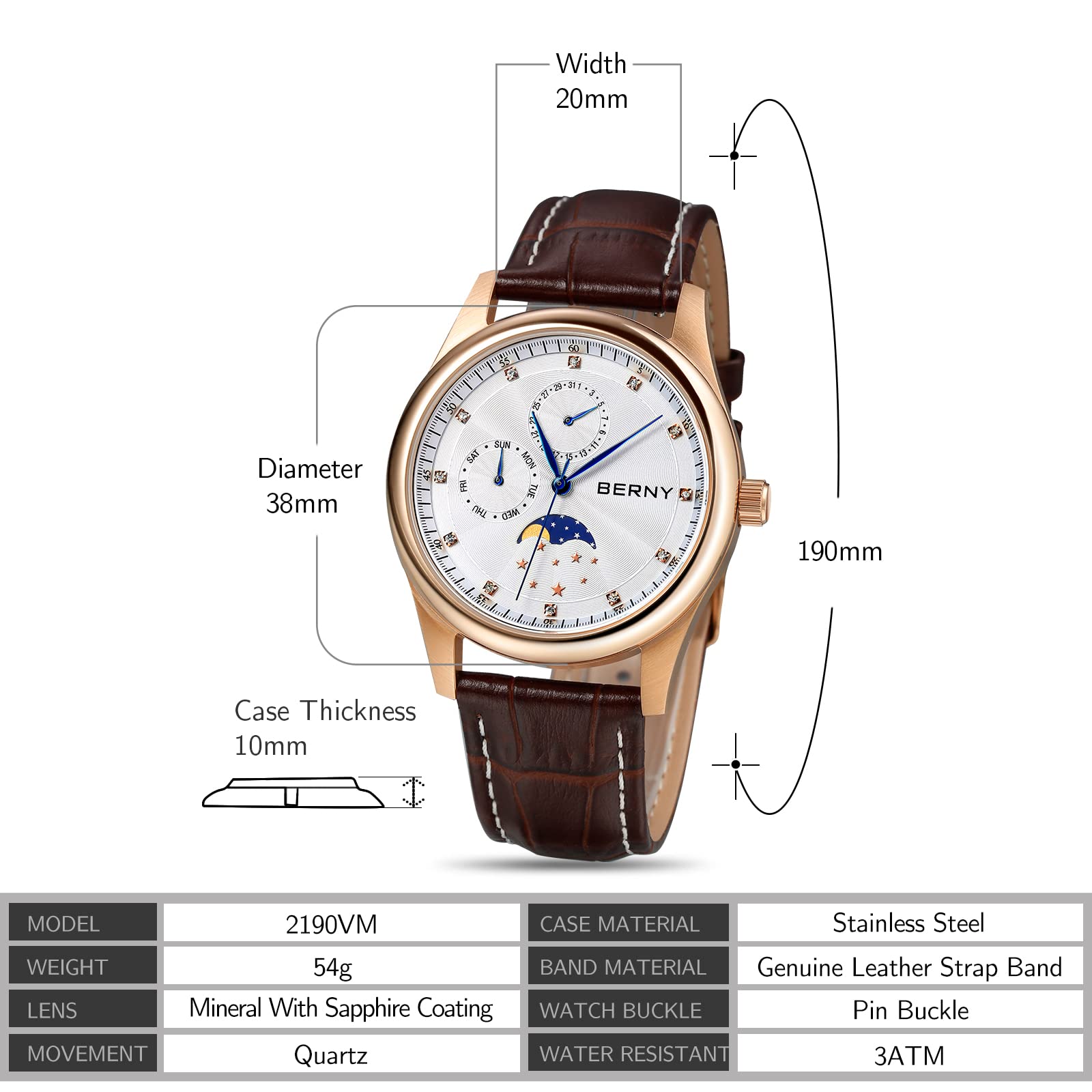 BERNY Orologi Multifunzione per Donna Impermeabili Orologi Donna con Cinturino In Vera Pelle Moda Donna Sub-dail con Calendario Moon Phase