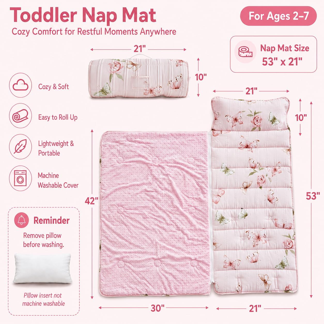 Toddler Nap Mat with Zipper,Detachable Minky Blanket and Removable Pillow,Soft Slumber Bags for Girls,Kids Sleeping Bag for Daycare Preschool Kindergarten,Flower Toddler Sleeping Mat - Butterfly