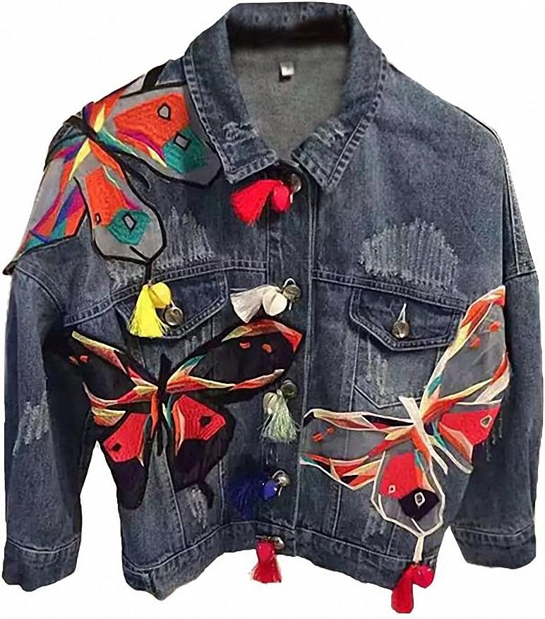 Women Basic Coats Butterfly Embroidered Patch Blue Bomber Jacket Tassel Denim Jacket Spring Autumn Denim Jackets Female L181