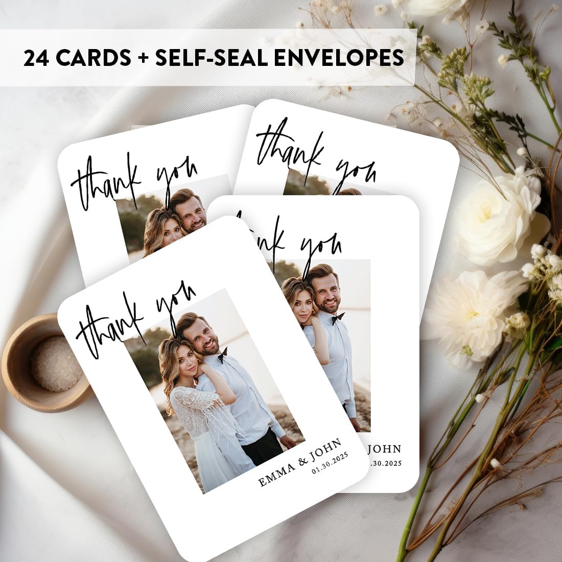 Andaz Press Personalized 5x7-Inch Photo Thank You Cards with Envelopes, Wedding Thank You Card with Message, Custom Photo, Name, and Date, Wedding Thank You Notes, Thanks, Modern Wedding, 24-Pack