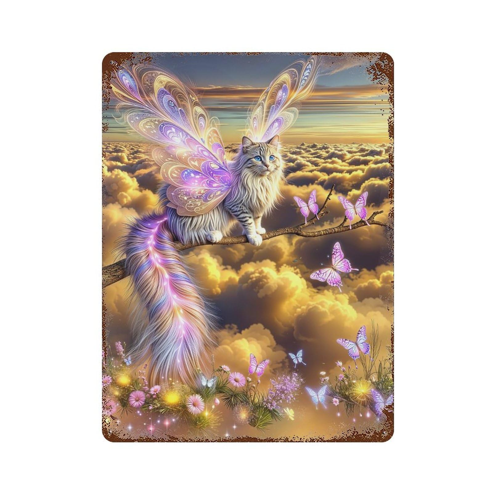 Enchanted Fairy Cat in Clouds Aged Metal Wall Plaque 15.7"x11.8", Classic Wall Plaque for Garage, Pub Or Kitchen