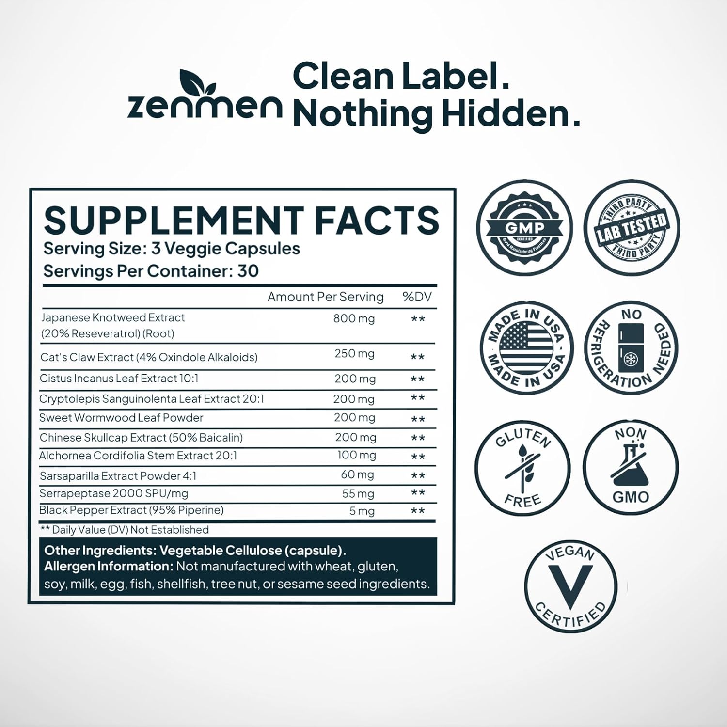 Zenmen Tick Immune Support Supplement - Improved Formula - Japanese Knotweed, Cat's Claw, Chinese Skullcap, Cryptolepis Sanguinolenta, Sweet Wormwood - 90 Vegan Capsules, Made in The USA