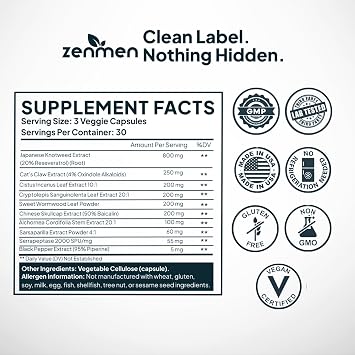 ملحق دعم المناعة Zenmen Tick - تركيبة محسنة - عشبة العقدة اليابانية، مخلب القطة، قلنسوة صينية، Cryptolepis Sanguinolenta، الشيح الحلو - 90 كبسولة نباتية، مصنوعة في الولايات المتحدة الأمريكية