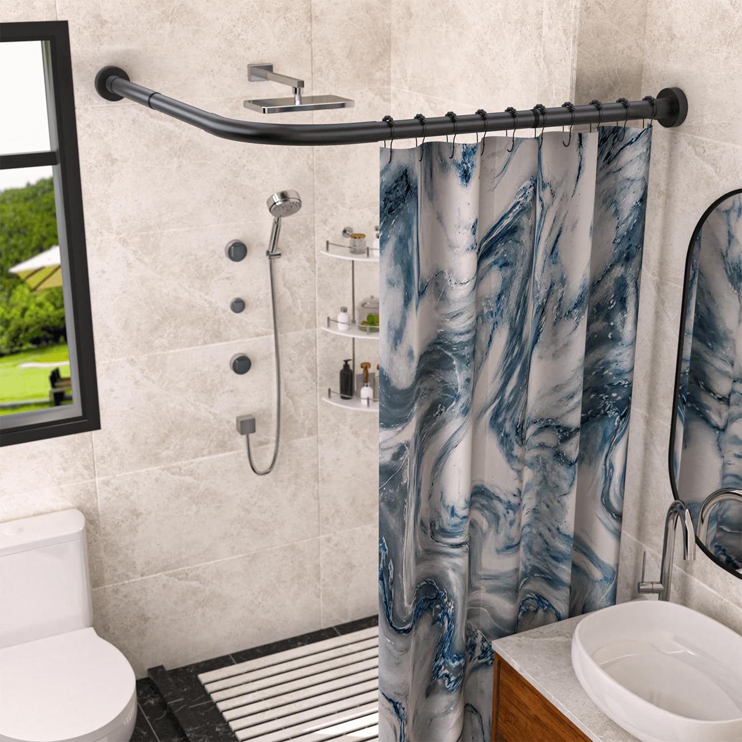 Stretchable 304 Stainless L Shaped Bathroom Bathtub Corner Shower Curtain Rod Rack (Black 24"-37" x 24"-37"), Drill Free Install, for Bathroom, Clothing Store, Private space, with 12 Hooks