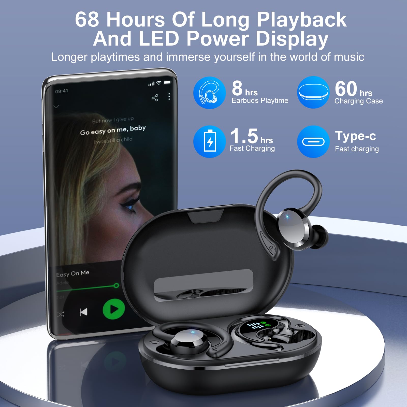 Auriculare Inalámbricos Deportivos, 2026 Nueva Auriculares Bluetooth 5.4 con HD Mic, 68H Cascos Inalambricos Bluetooth con Pantalla LED, IP7 Impermeable, Cancelacion Ruido ENC Auriculares Running