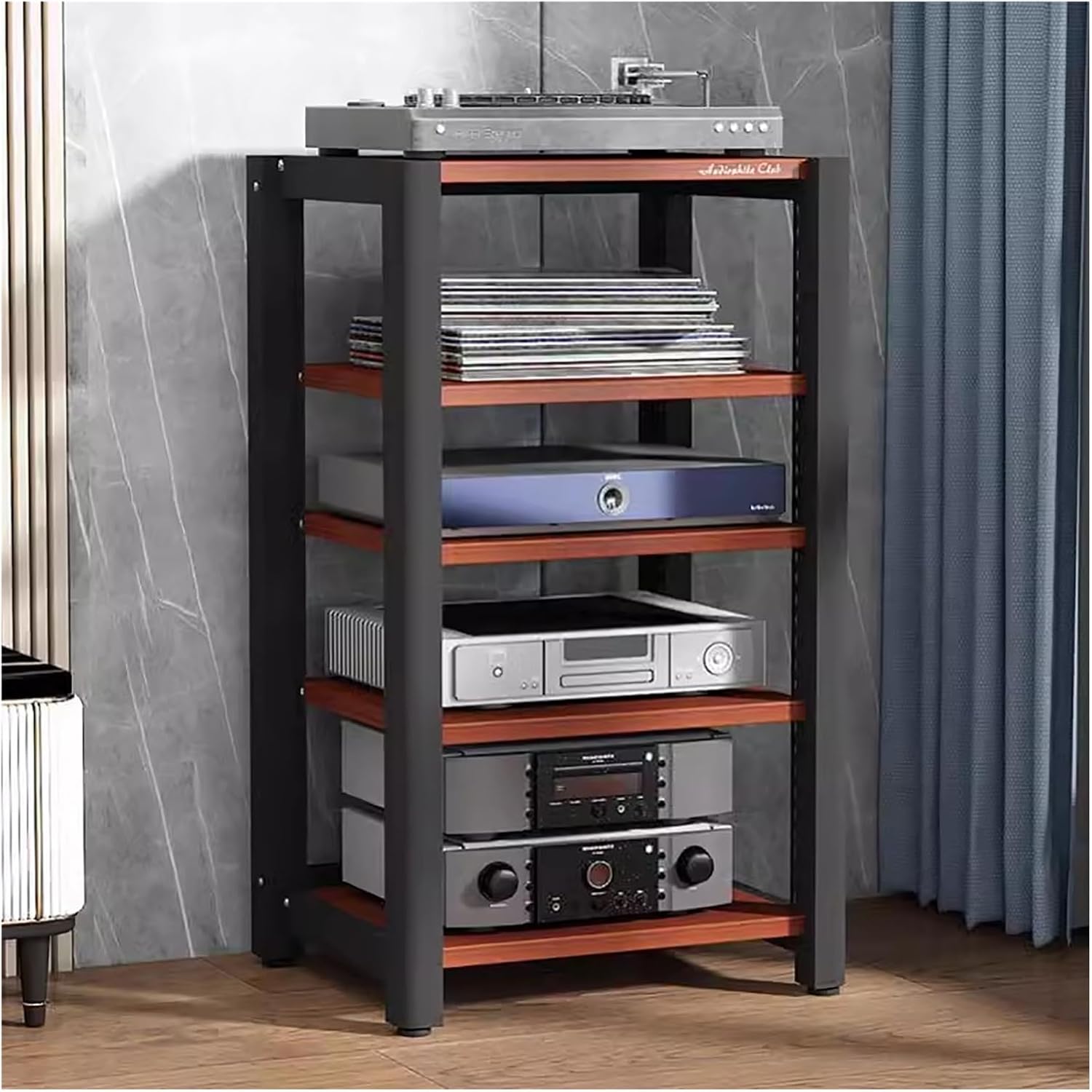 5 Tier Corner Stereo Storage Rack with Turntable Record Game Console Shelf, Audio Video Media TV Stand Cabinet for Living Gaming Recording Room Bedroom Club Home Theater, Entert(Yellow-5 Tier)