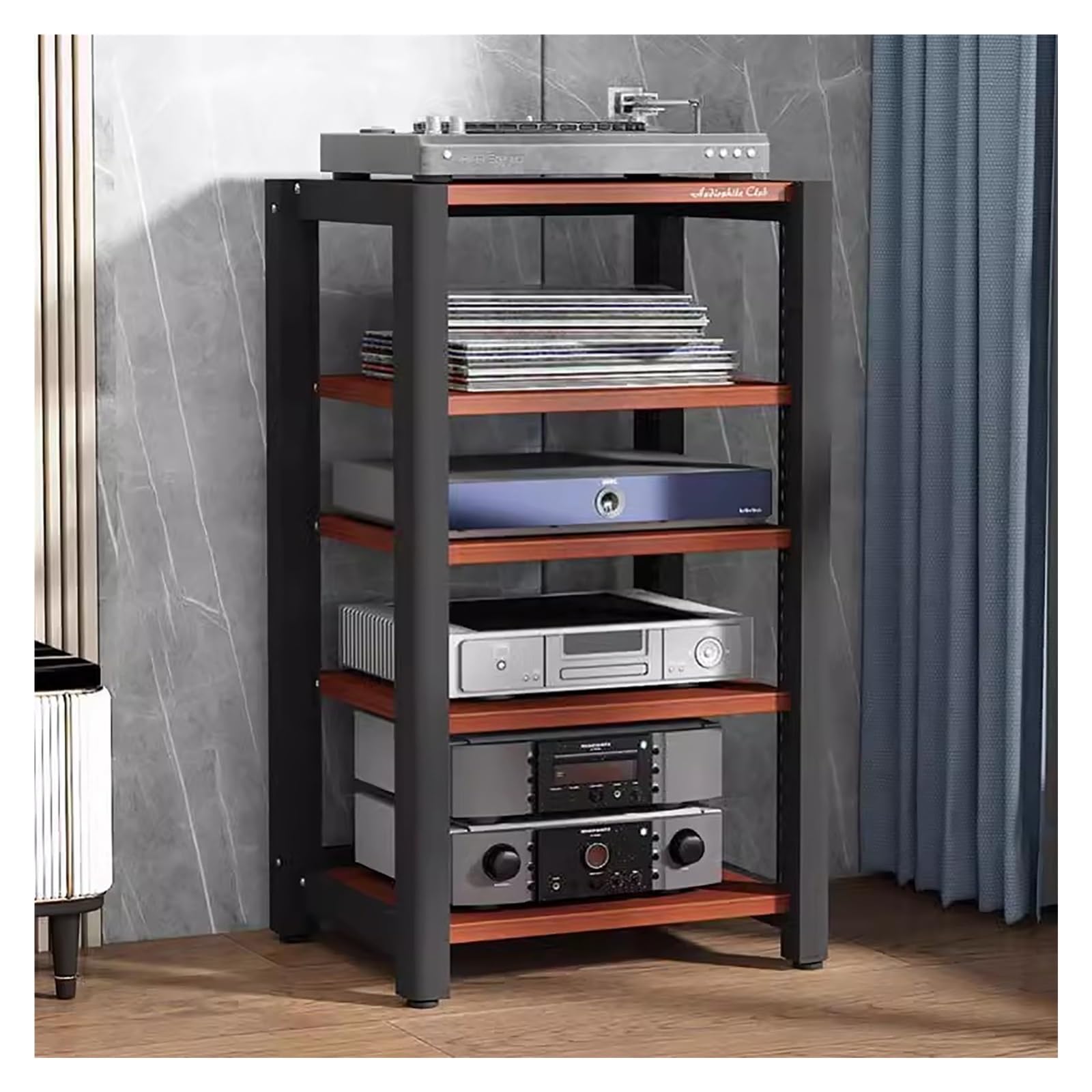 Meuble d'angle hifi à 5 niveaux pour optimiser le rangement des consoles de jeux et vinyles