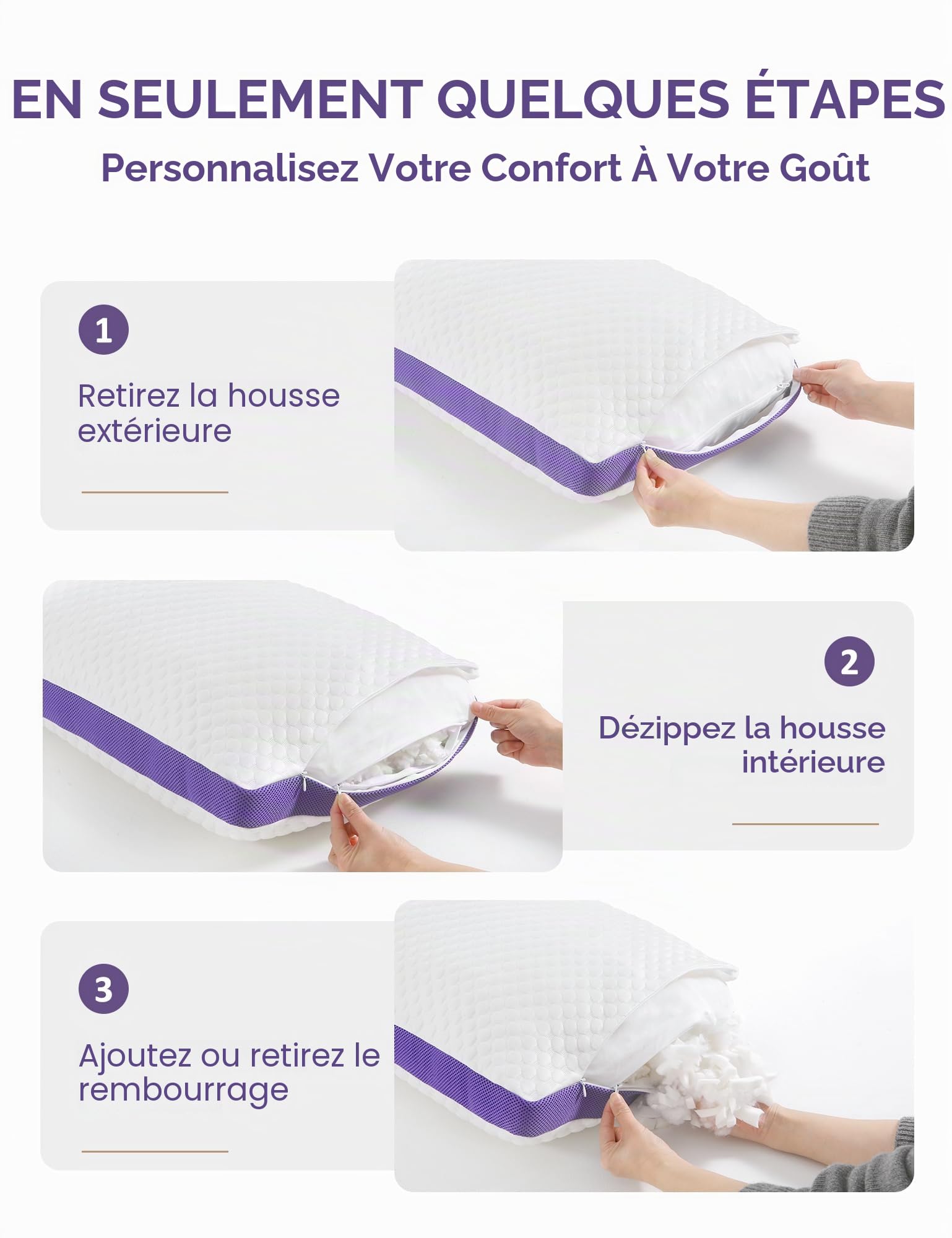DWR Oreiller 50x75 cm (1er Set),Oreiller Ergonomique en Mousse à Mémoire de Forme, Coussin de Nuit Réglable avec Fermeture Éclair, Housse Amovible et Lavable