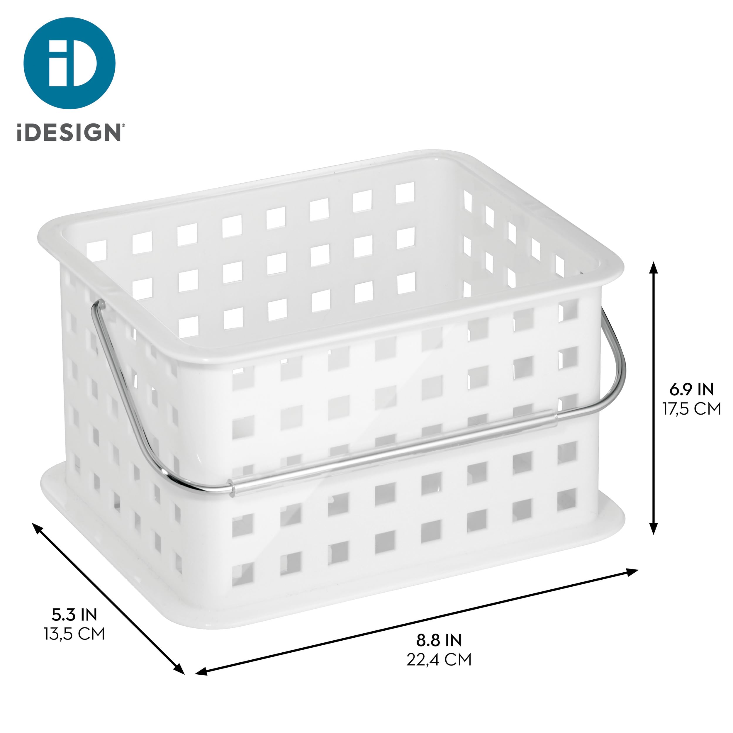 iDesign Basic kosz do przechowywania, mały plastikowy kosz łazienkowy na prysznic i akcesoria pielęgnacyjne, biały