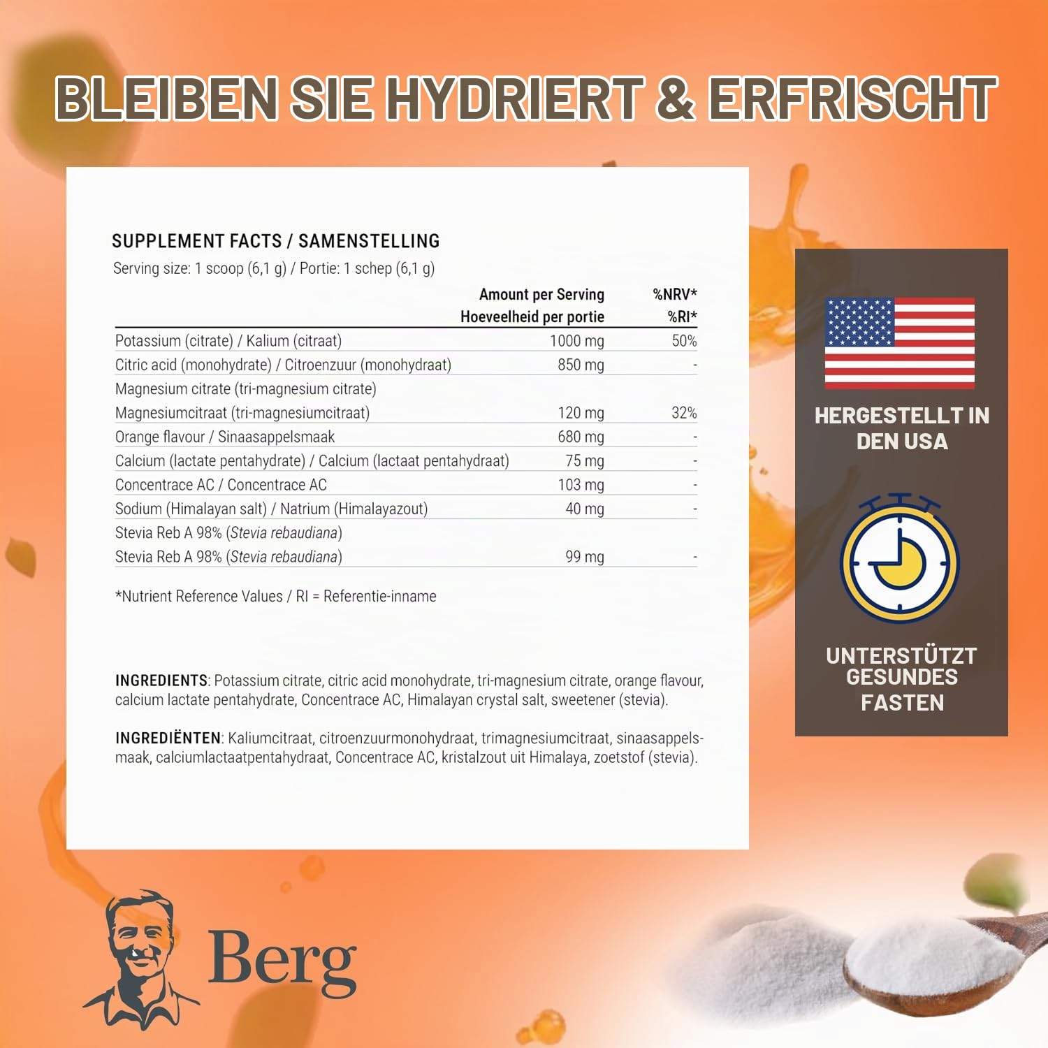 Berg Elektrolyt-Pulver – Orangengeschmack – Mit rosa Himalaya-Salz – 1000 mg Kalium & 120 mg Magnesium pro Portion – Ohne Zucker – 50 Portionen