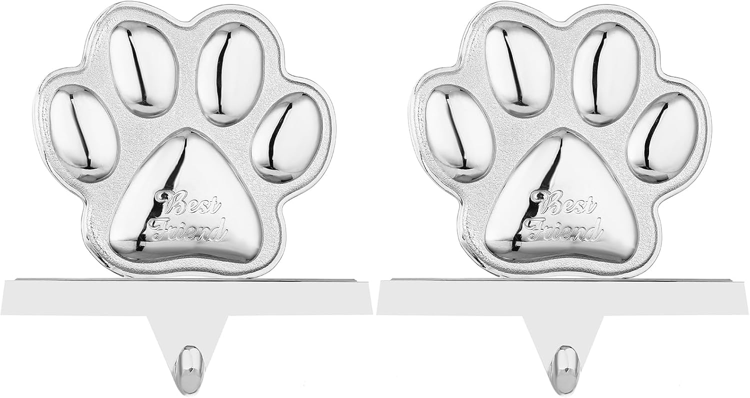 2 Pack Paw Christmas Stocking Holders for Mantle Paw Stocking Hanger for Fireplace Christmas Stocking Hangers for Mantel Stocking Hooks for Fireplace Mantel Clips for Christmas Decor (Silver Paw, 2)