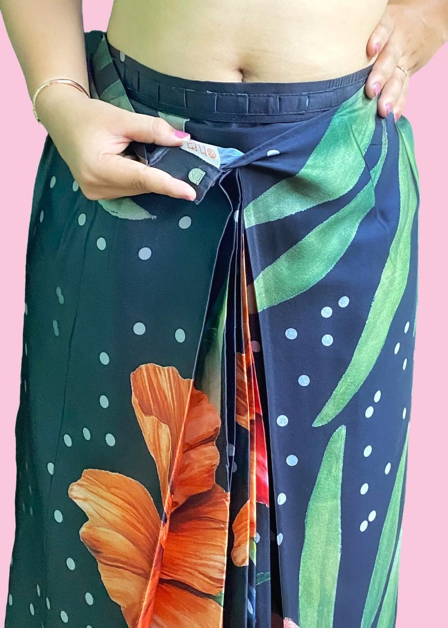 Womens Digital Big Floral Prints Satin Silk Ready To Wear Saree One Size Black