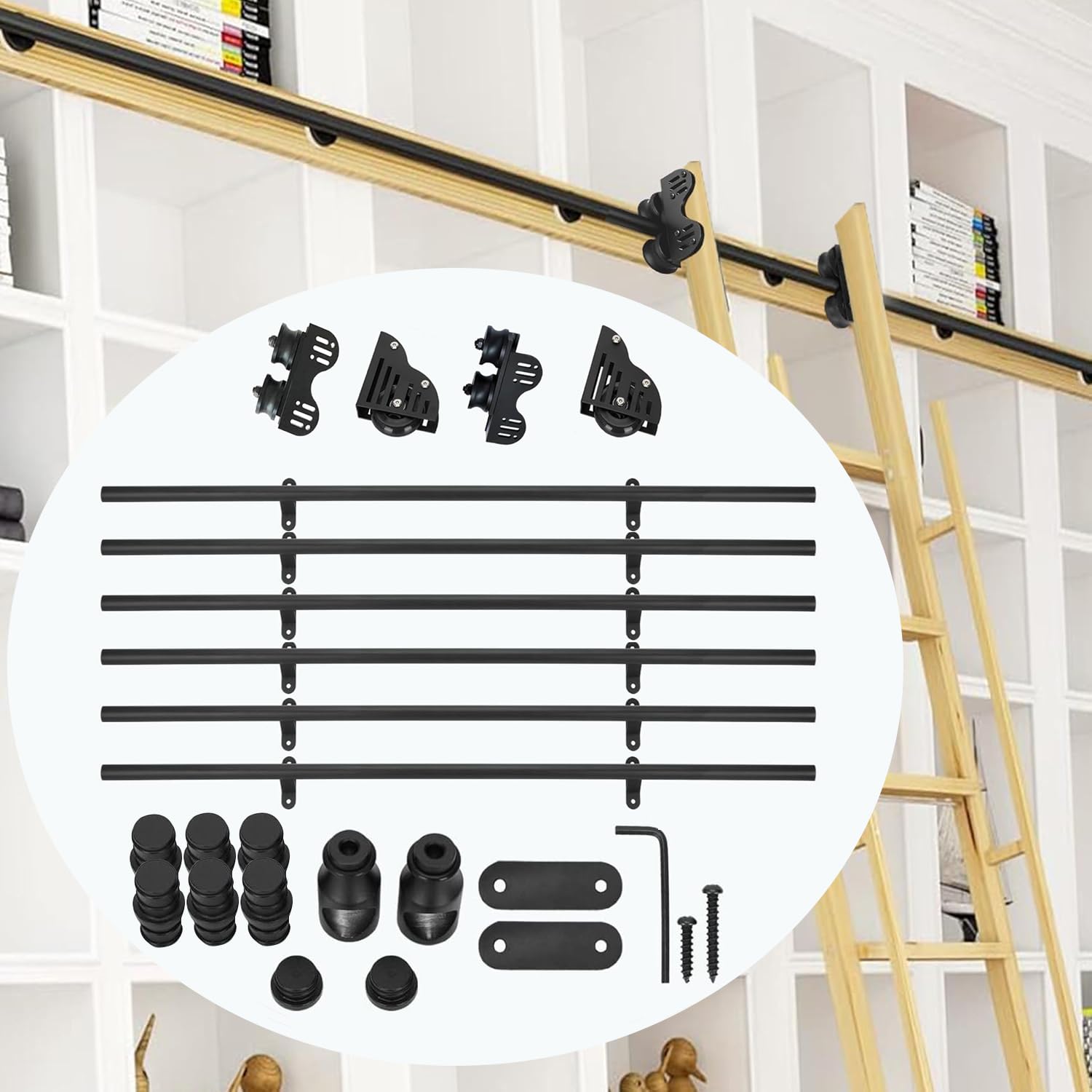 Sliding Library Ladder Hardware, Carbon Steel Material, Sliding Ladder Rail Track Kit with Floor Roller Wheels and Brake, Easy to Install, Ladder Rail Hardware (19.6ft/6m Track Kit)