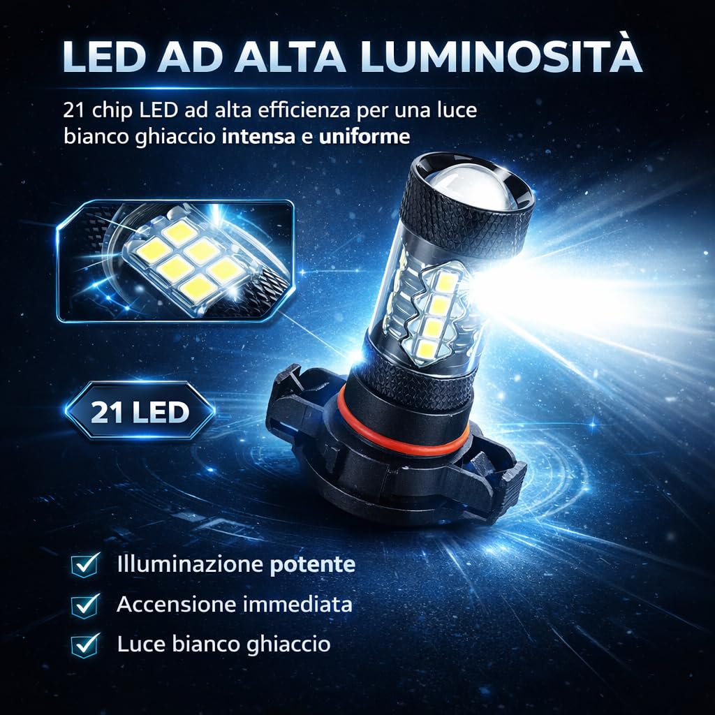 Coppia Luci Diurne DRL 21 LED PSX24W H16 Compatibile Con Jeep Compass - Fendinebbia Compatibile con Peugeot 208 2008 5008 Renault Clio IV 4 Lampadine (PSX24W - H16)