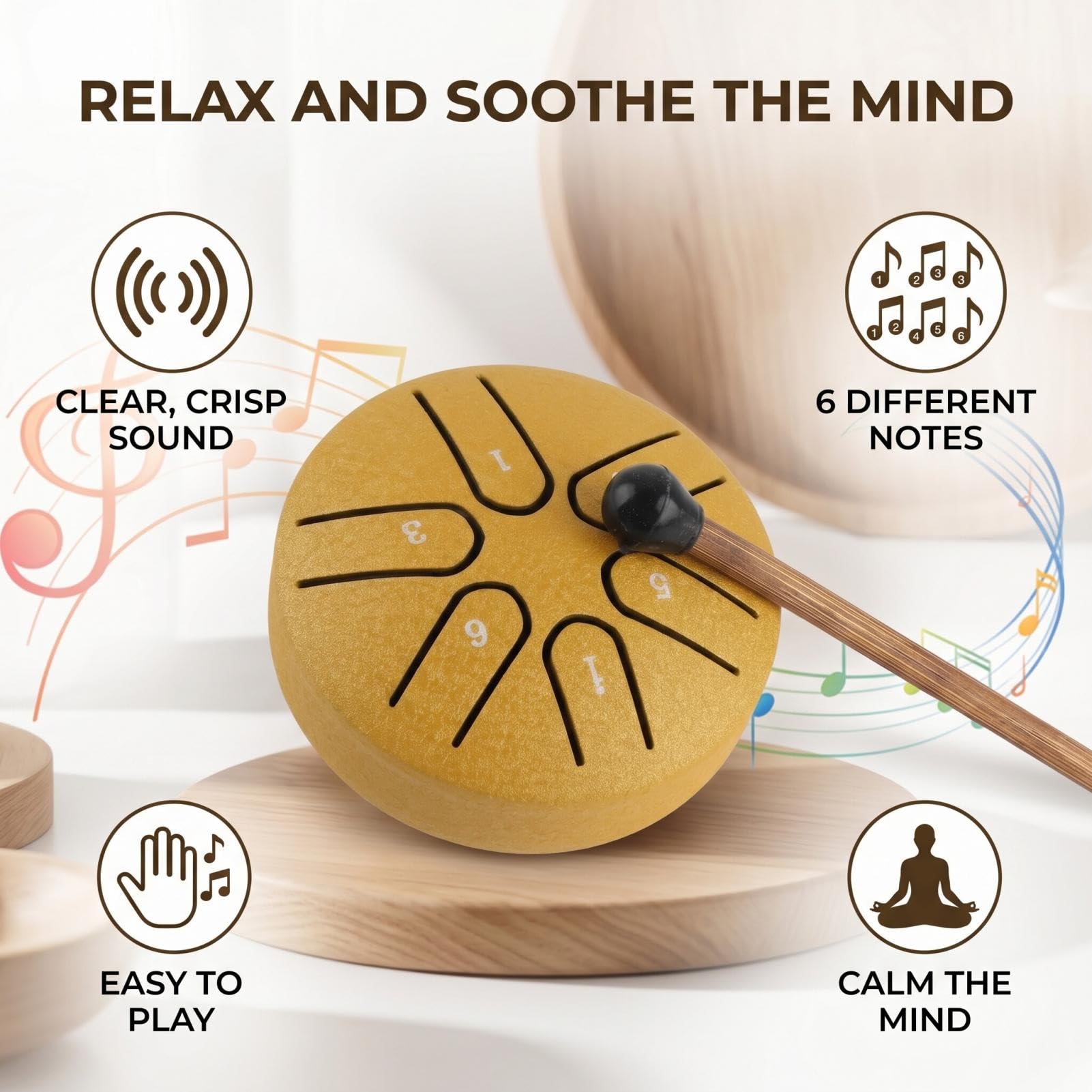 Handpan Bęben Bęben Językowy ze Stali Węglowej Mini 6 Uwaga Bezproblemowy Bęben Instrument Perkusyjny z Podudzie dla Początkujących (Złoto)
