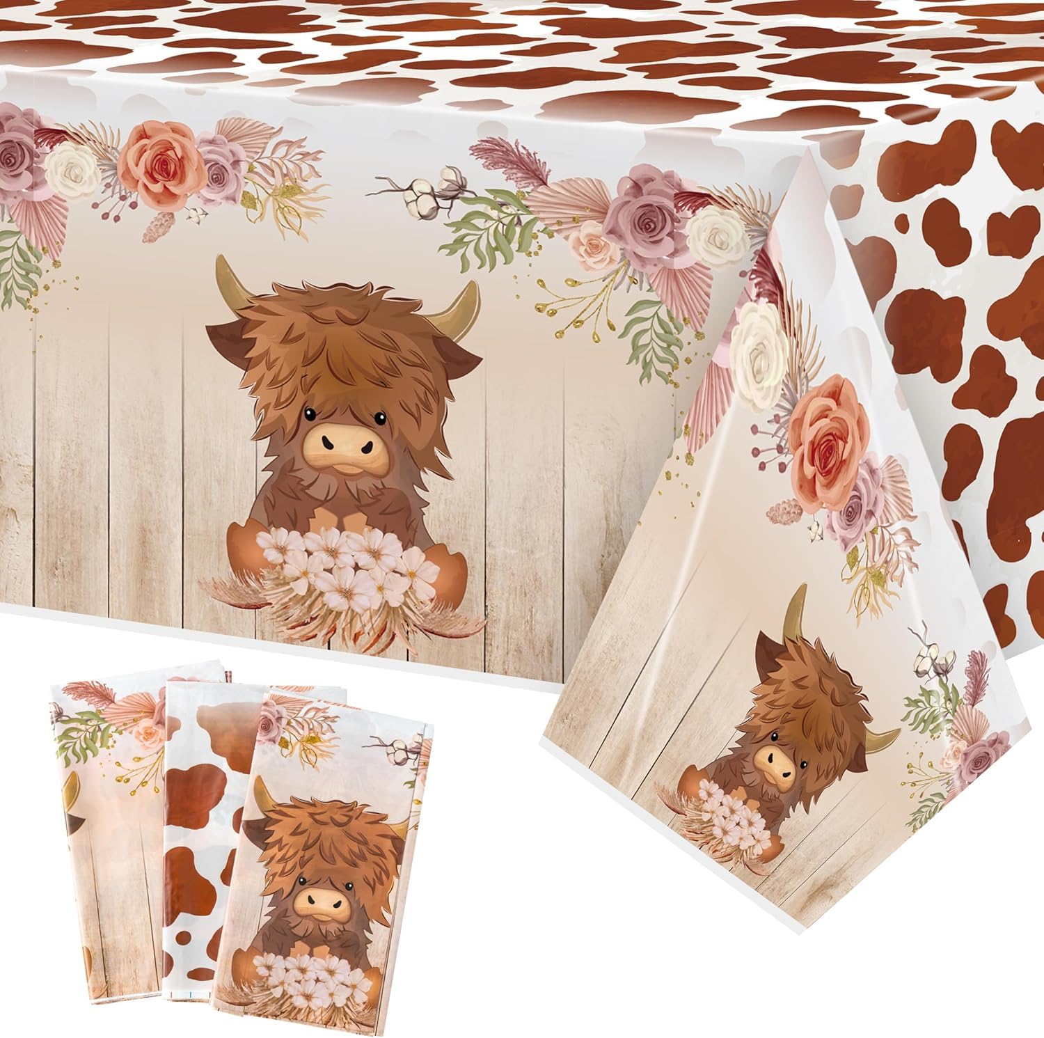 TirEurt Highland Cow Birthday Party Tablecloth 3Pcs Brown Highland Cattle Birthday Table Cover, Brown Cow Print Themed Party Decorations Plastic Disposable Rectangular Table Cloth Decor for Kids Baby