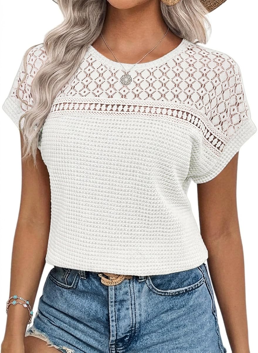Chicrise Bluse Damen Elegant Kurzarm Spitzen Oberteile Häkel Rundhals Tshirt Sommer