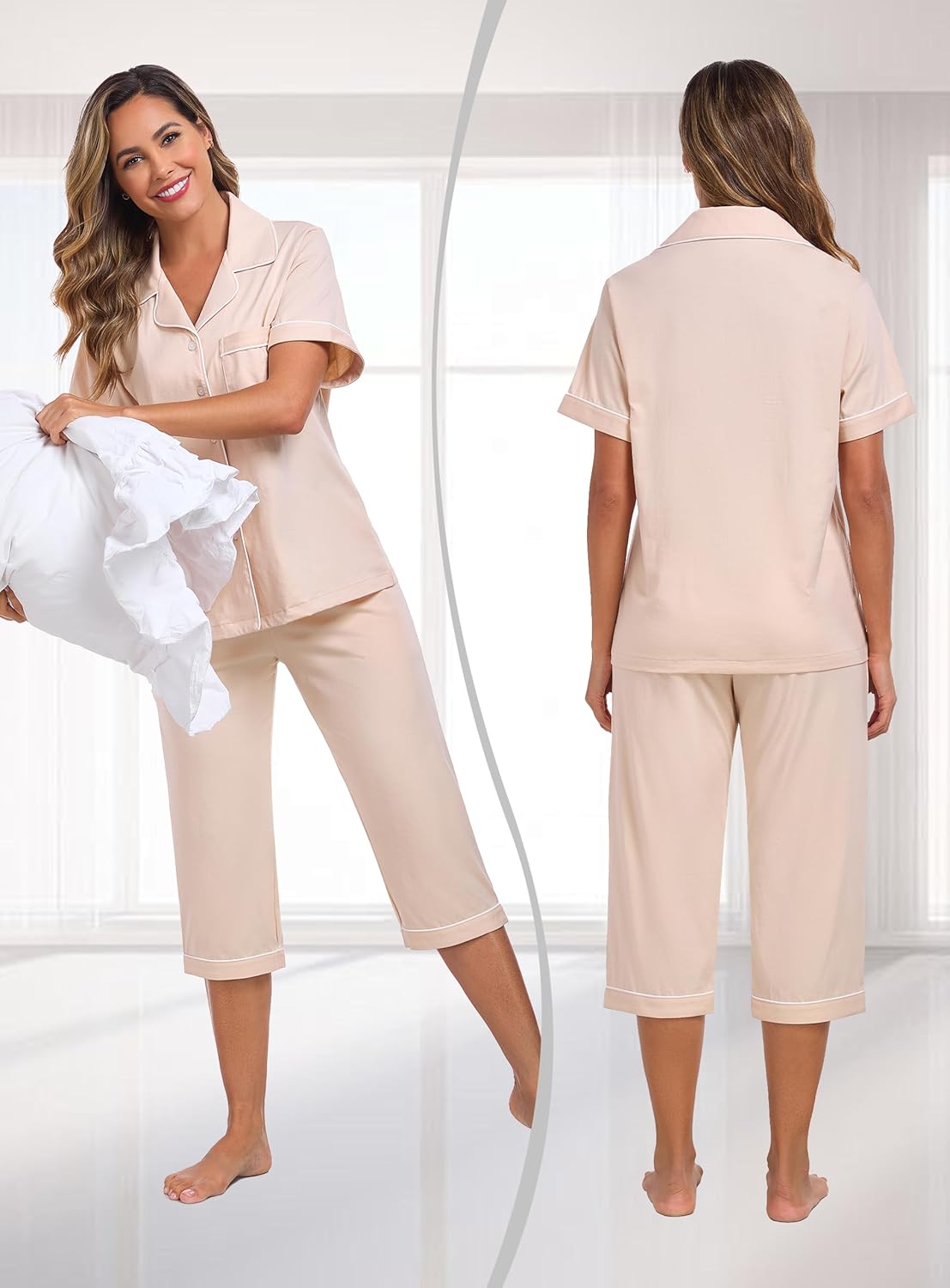 COLORFULLEAF 100% Cotton Women's Pajama Sets Short Sleeve Capri Pajamas for Women Set Button Down Pjs Soft Sleepwear Summer - Image 2