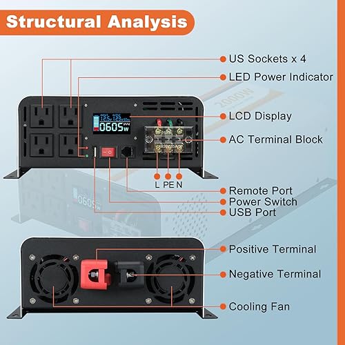 Miniatura 2 de Inversor de onda sinusoidal pura de 2000 W, convertidor de 12 V CC a 120 V CA para vehículos, barco, campamento, sistema solar al aire libre,