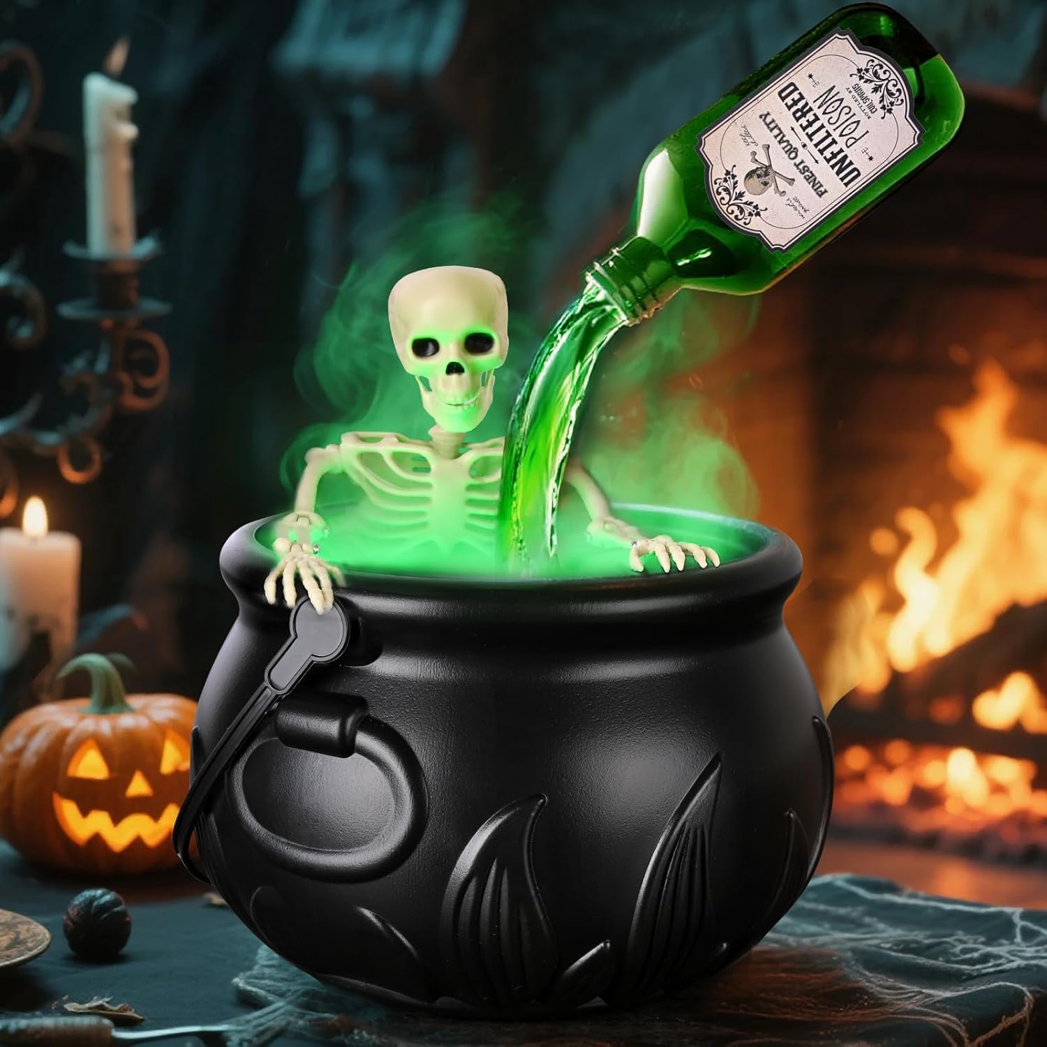 Schattige kleine heks brouwt een drankje in een ketel. Halloween kinderfeestje. Vector