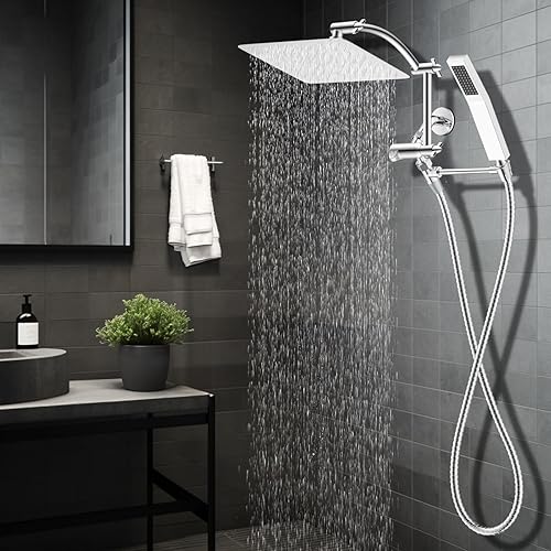 Miniatura 8 de Hibbent Cabezal de ducha de metal de 10 pulgadas, combo de cabezal de ducha cuadrado, varita de ducha de mano de alta presión, brazo de extensión de