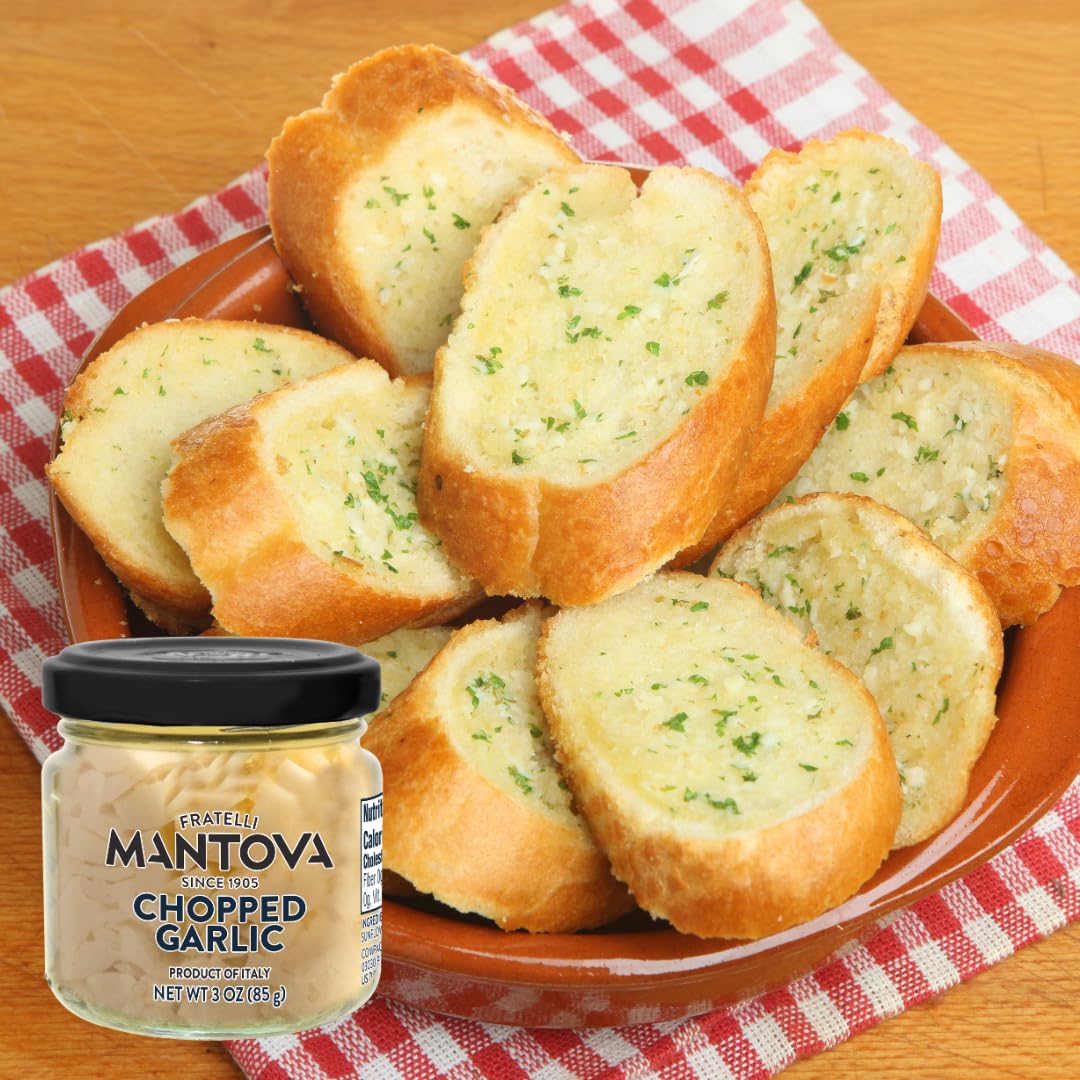 Mantova Chopped Garlic in Oil, 3 oz (85g),- Pack of 3, Product of Italy – Ready to Use Minced Garlic for Cooking, Pasta, Sauces & Marinades – Glass Jar, All-Natural, Non-GMO, Gluten-Free, Cholesterol-Free, Vegan-Friendly